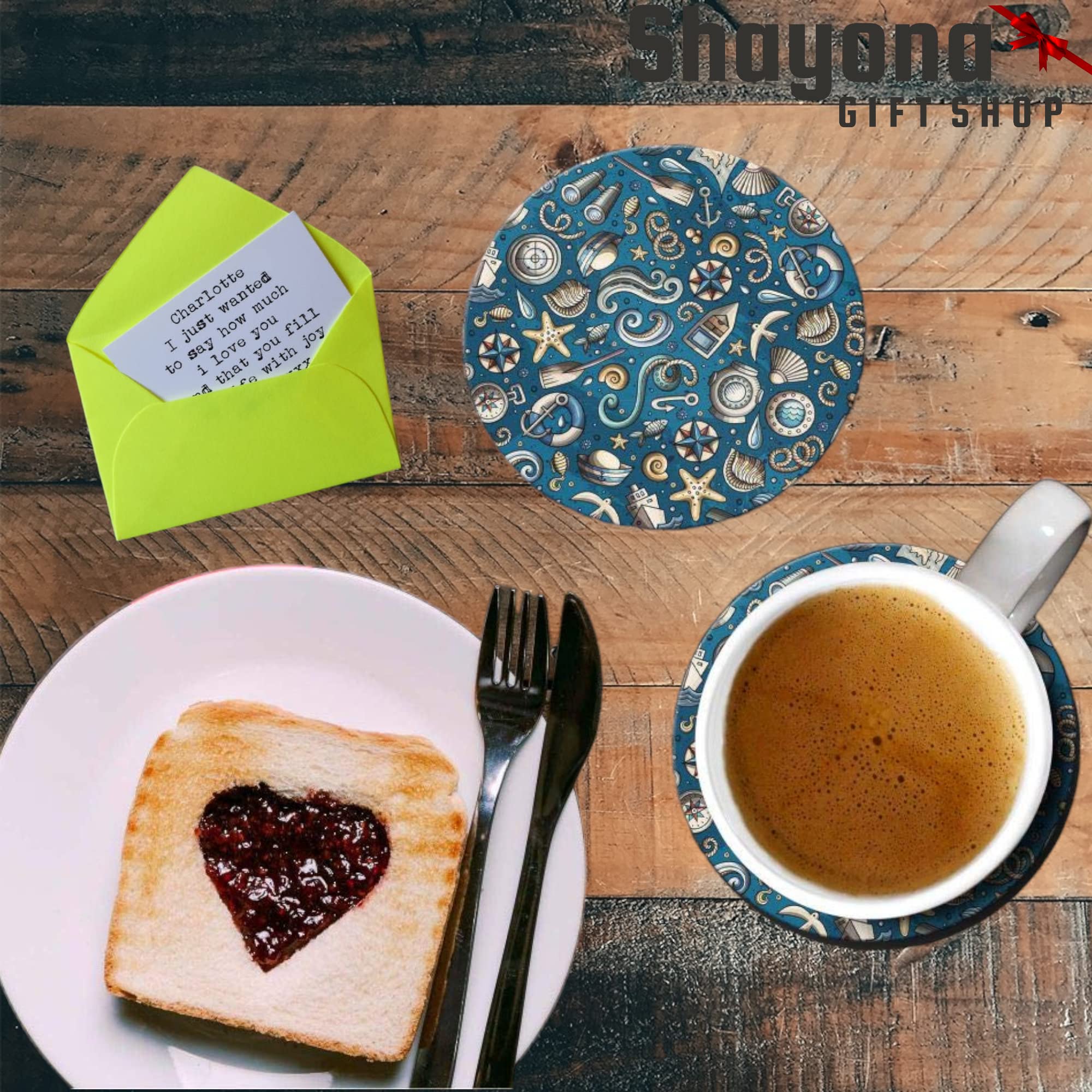 SHAYONA 6 Pcs Cool Blue Coasters with Holder Round Ceramic Table Coasters Set Decorative Coffee Cup Beverage Coasters Wine Beer Bar Coasters 9.5 Cm Diameter 1