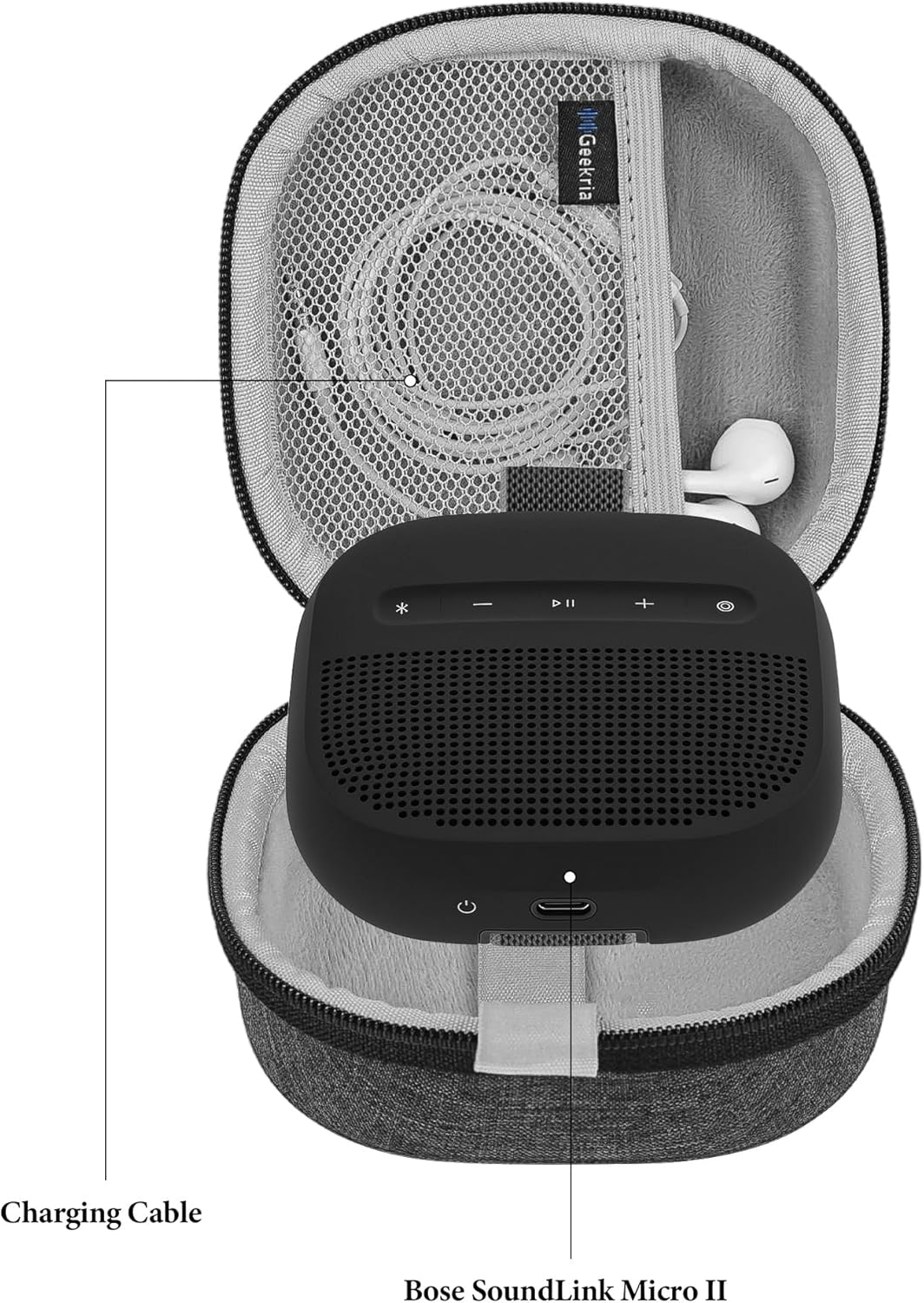Geekria Shield Speaker Case Compatible with Bose SoundLink Micro II, Replacement Hard Shell Portable Protective Travel Carrying Bag with Cable Storage, Keychain Hook (Dark Grey) - Image 2