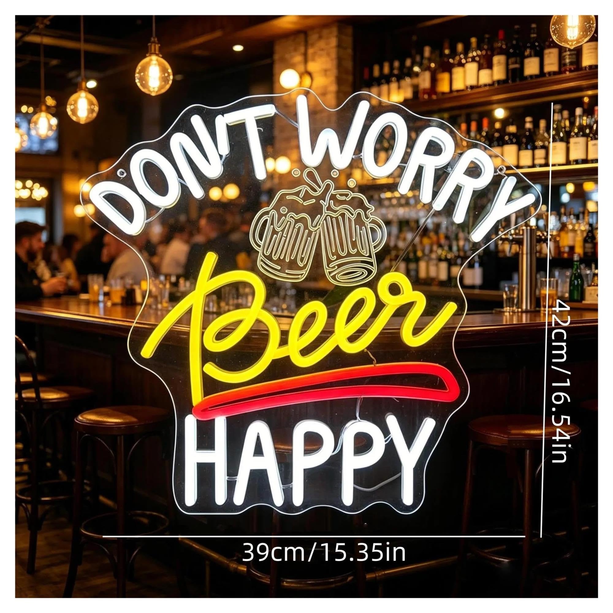 Insegna al Neon Insegna Al Neon Don't Worry Beer Happy | Luce LED Dimmerabile USB Per La Casa Bar Man Cave Pub Party Nightclub Decor 39cmx42cm