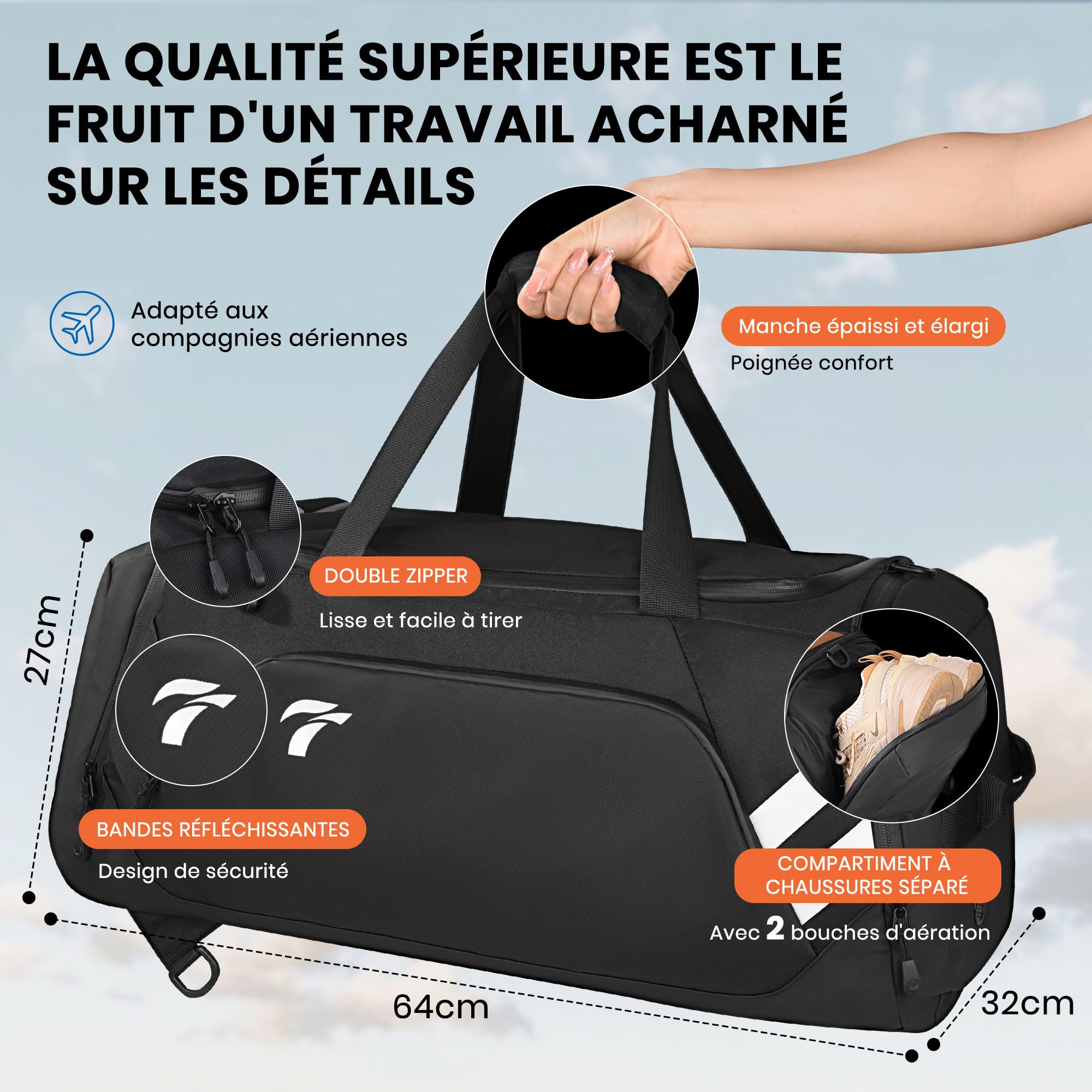 Sac de Sport Homme Femme, 58L Sac de Voyage Deux Bretelles Dissimulables | Sac de Sport avec Compartiments Chaussures et Humide, Sac Sport étanche pour Voyage, Natation, Yoga, Randonnée,Camping