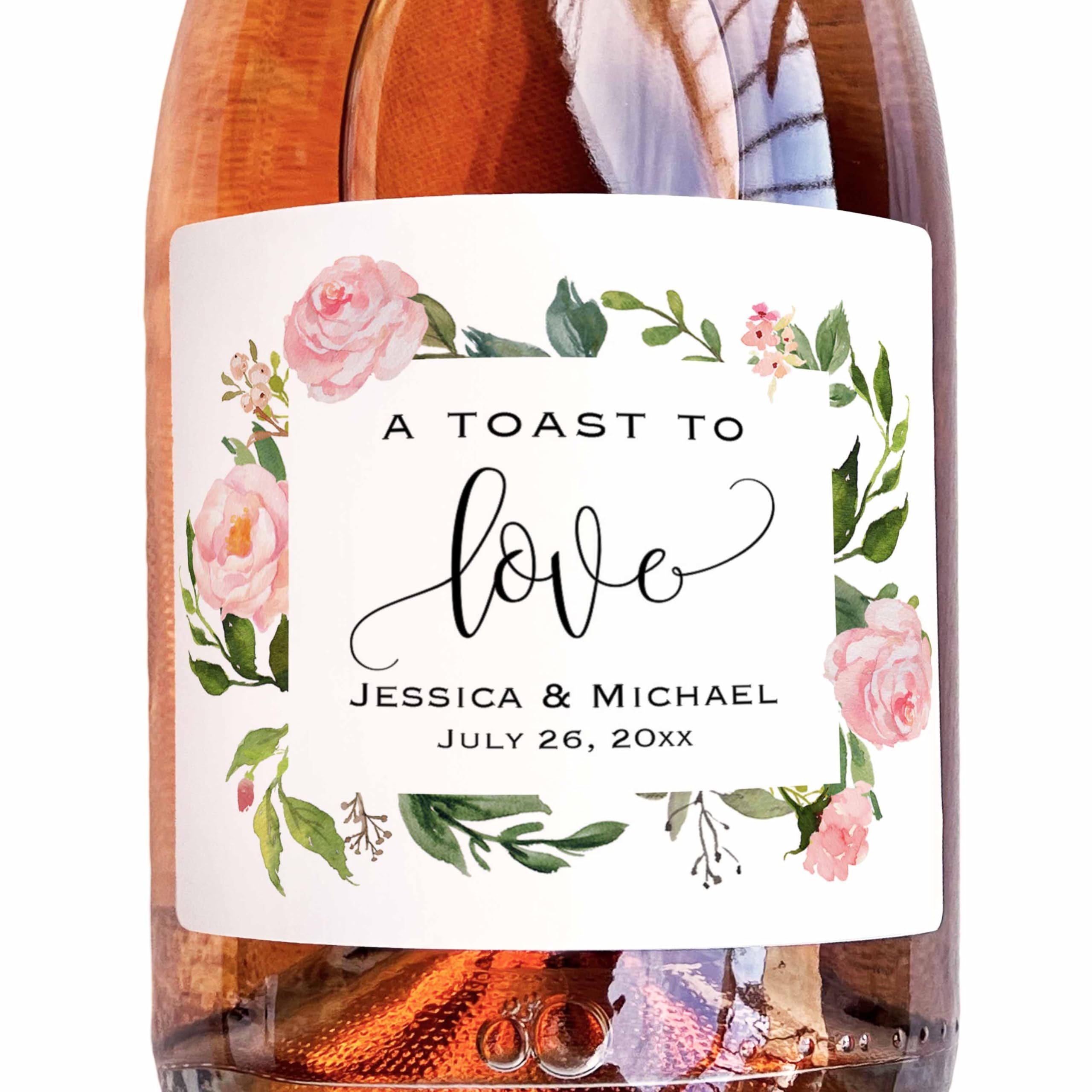 6 Custom Pink Floral Waterproof Champagne Bottle Labels, Personalized Wine Label Sticker for Wedding, Bridal Shower, Birthday, Graduation Party and
