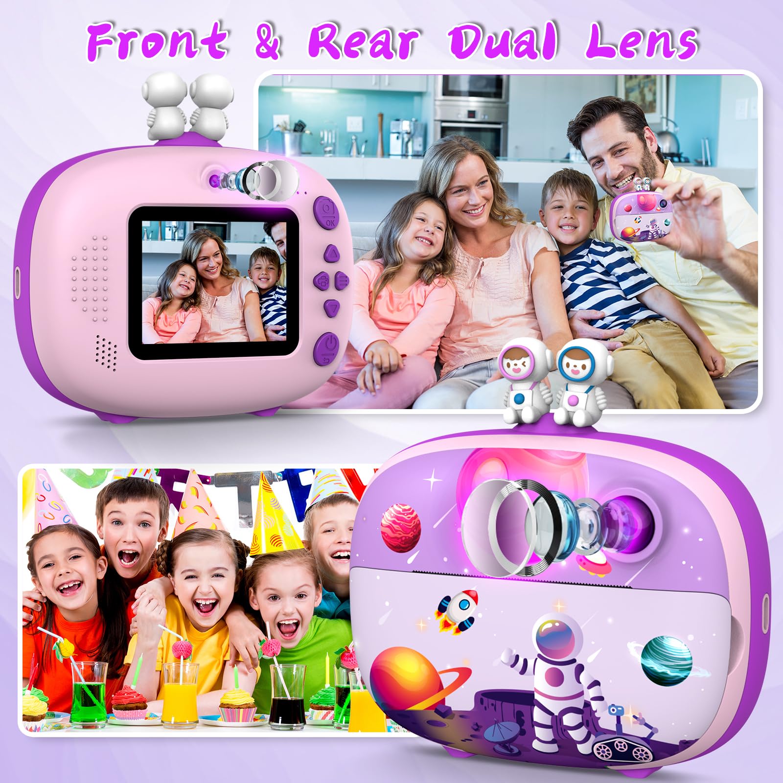 CHAKEYAKE Macchina Fotografica Bambini Istantanea,2,4 Pollici Digitale Fotocamera Bambini con 32GB TF Scheda e Carta Fotografica per Stampa, Regalo per Bambini dai 3-12 Anni (Pianeta Viola)