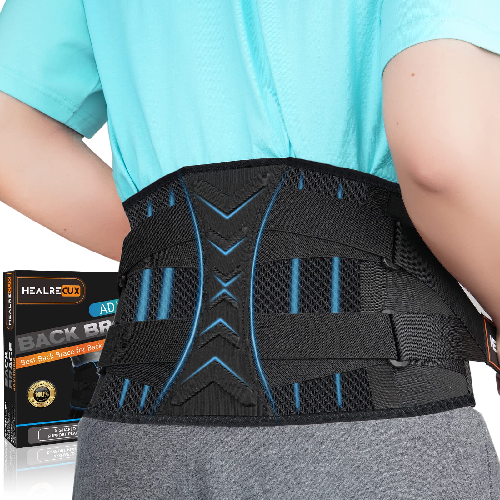 Healrecux Back Brace for Men Women Lower Back Pain Relief with 7 Stays, Back Support Belt with Dual Adjustable Straps,Lumbar Support Belt for Herniated Disc, Sciatica,Scoliosis XXL(Waist：41.3"-53.1"