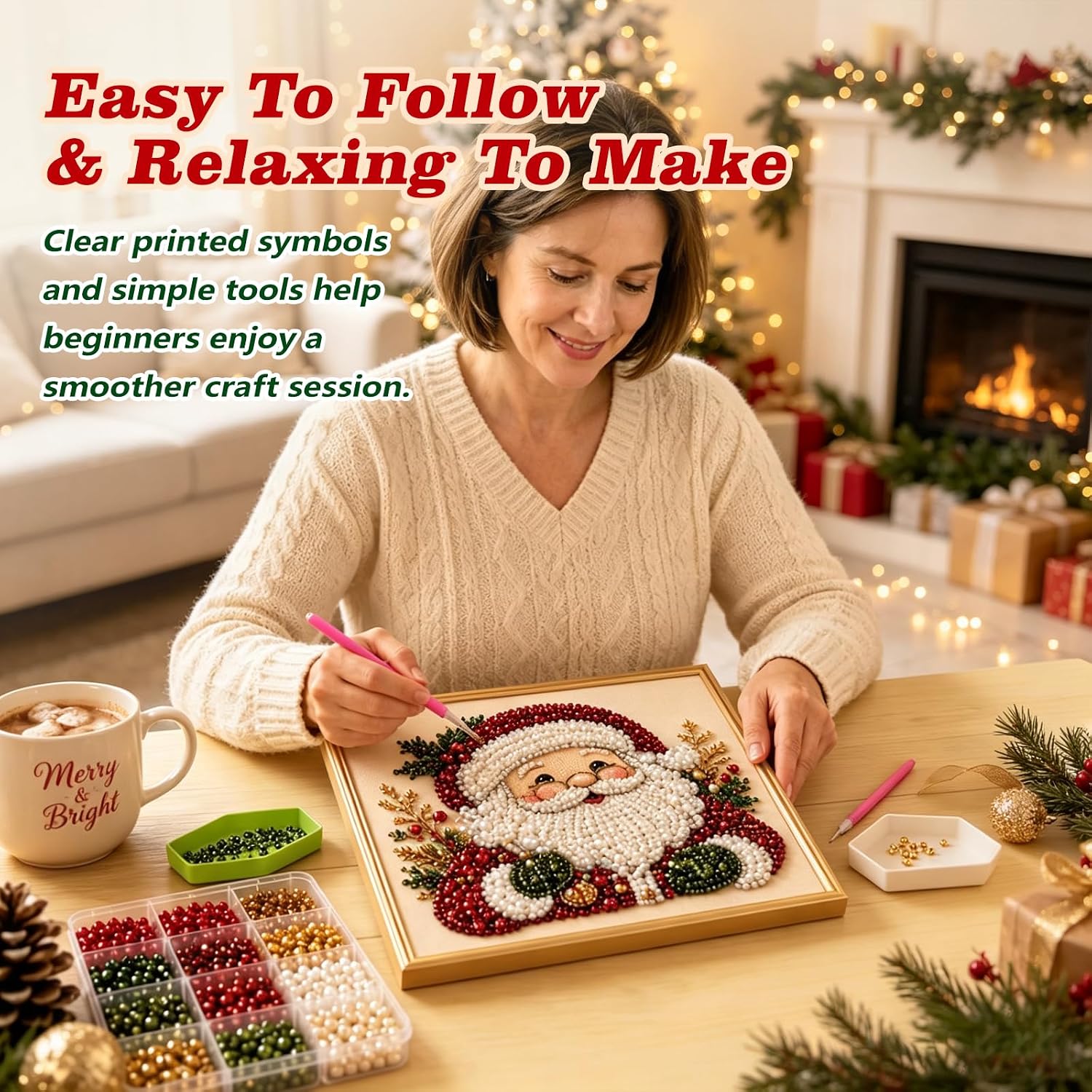 DIY Christmas Pearl Diamond Art Kit Painting - Home Wall Decor Art Craft Kit, Christmas Pearl Beads Art Craft for Beginners, Diamond Dots Beads Painting for Home Wall Decor (11.81 * 11.81)