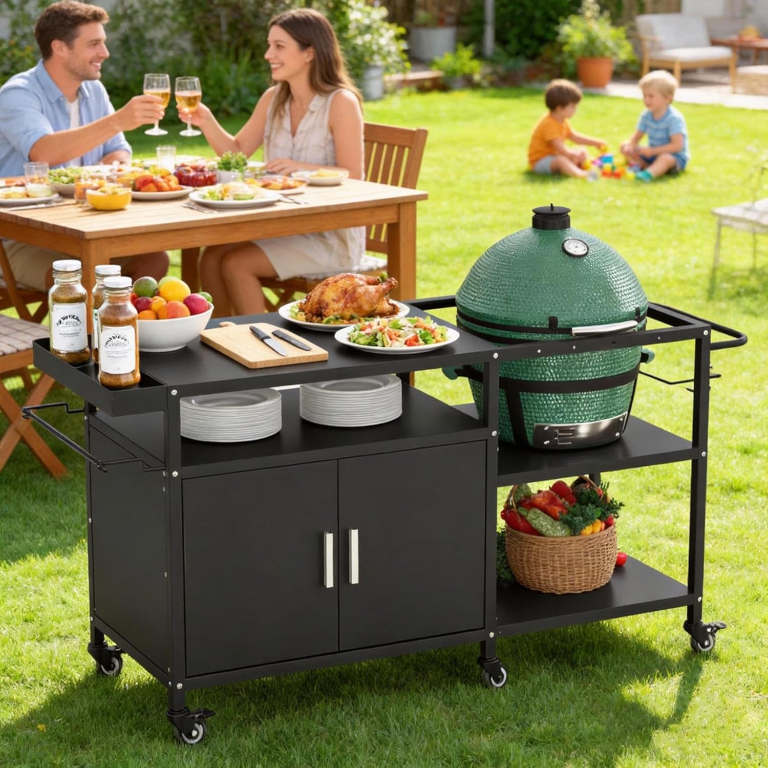 Mobile Grill Cart Compatible with Big Green Egg, Heavy Duty Metal Grill Table for Large/Medium Ceramic Charcoal Grills, Outdoor Kitchen Island Prep Station with Storage Cabinet, 6 Wheels, Black
