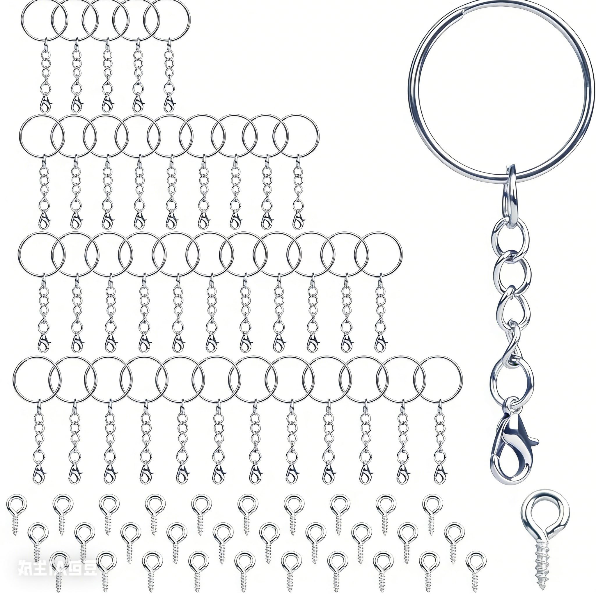 30-Set Keyring Making Kit – Split Rings, Lobster Clasps, Screw Eye Pins & Short Chains Included (60 Pieces) – Key Rings for Crafting, DIY Keychain Making, Jewellery Repairs, Gifts – Silver Finish