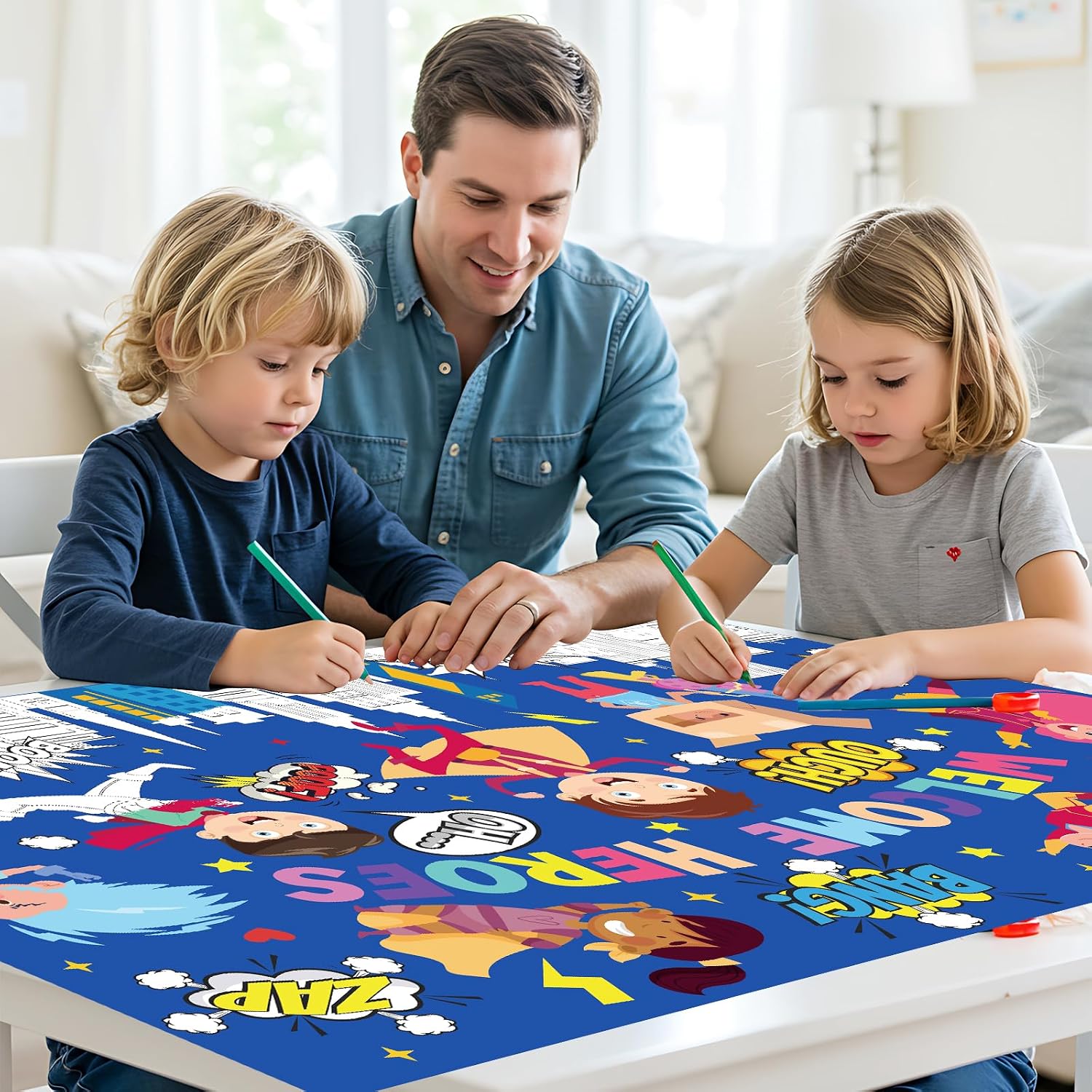 Hero Themed Coloring Poster for Kids Inspirational Cityscape Giant Coloring Sheets Welcome Heroes Drawing Paper Coloring Tablecloth DIY Painting Craft for Wall Classroom Home Birthday Party Decoration
