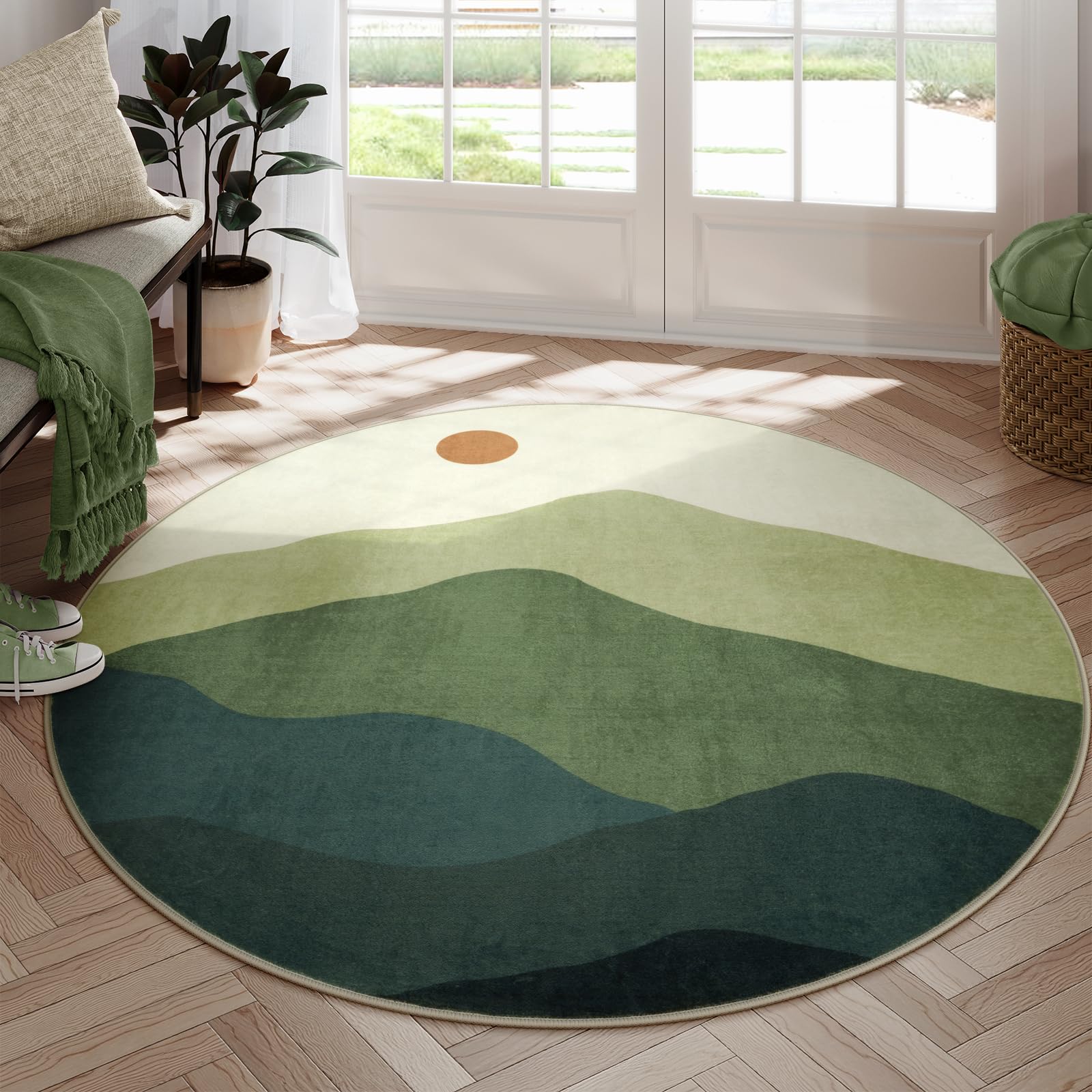 Sungea 6ft Round Rugs for Living Room,Soft Washable Non-Slip Large Circle Rug,Chic Mountain Low-Pile Circular Bedroom Rug Indoor Round Carpets for