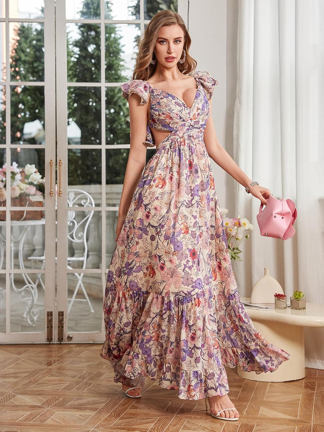 Women's Summer Floral Print Straps Sleeveless V Neck Criss Cross Backless Chiffon Beach Boho Party Long Maxi Dress - Image 5