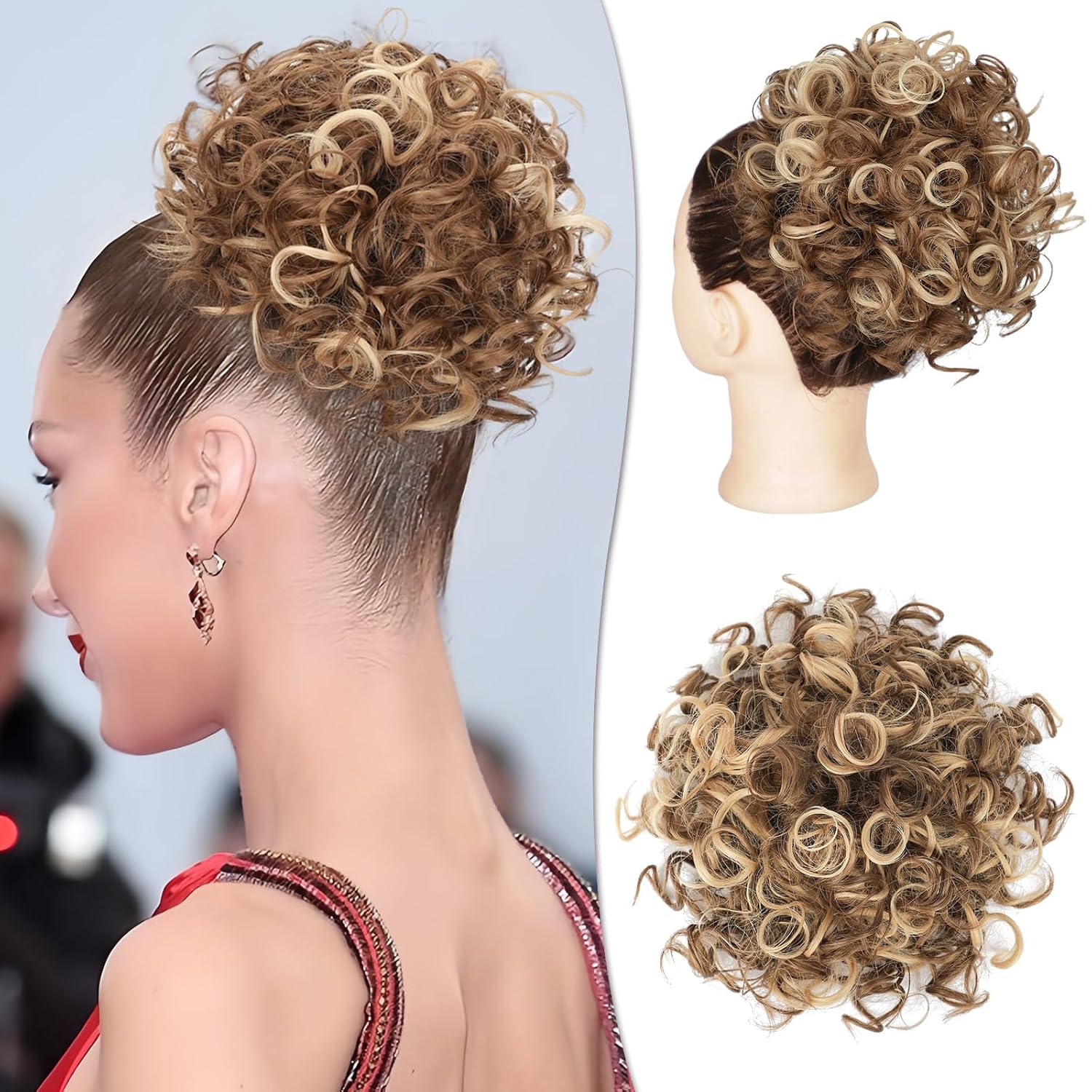 BOGSEA Messy Bun Hair Pieces Elastic Drawstring Curly Hair Buns for Short Thin Hair Synthetic Ponytail Extension hair bun for Women (Light Golden with Brown)