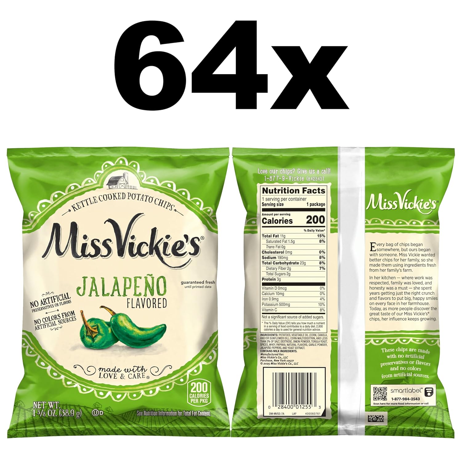 Miss Vickie's Kettle Cooked Potato Chips, Jalapeno, 1.375 Ounce (Pack of 64)