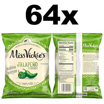 Miss Vickie's Kettle Cooked Potato Chips, Jalapeno, 1.375 Ounce (Pack of 64)
