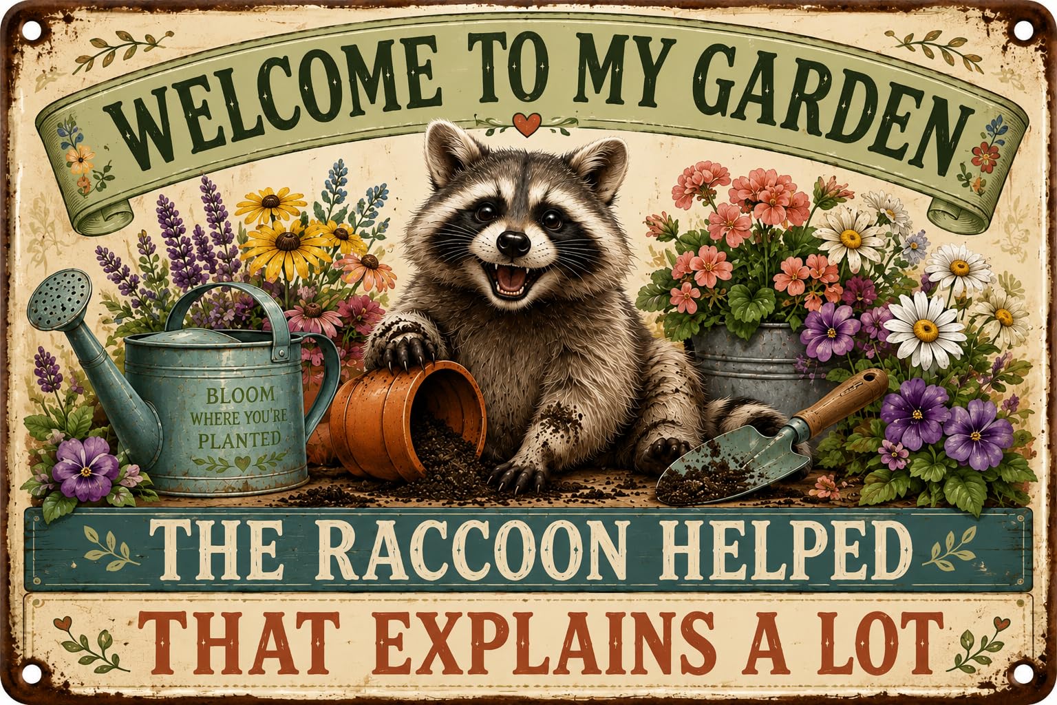 Funny Raccoon Garden Tin Sign, Welcome Metal Wall Decor, 12x8 Inch