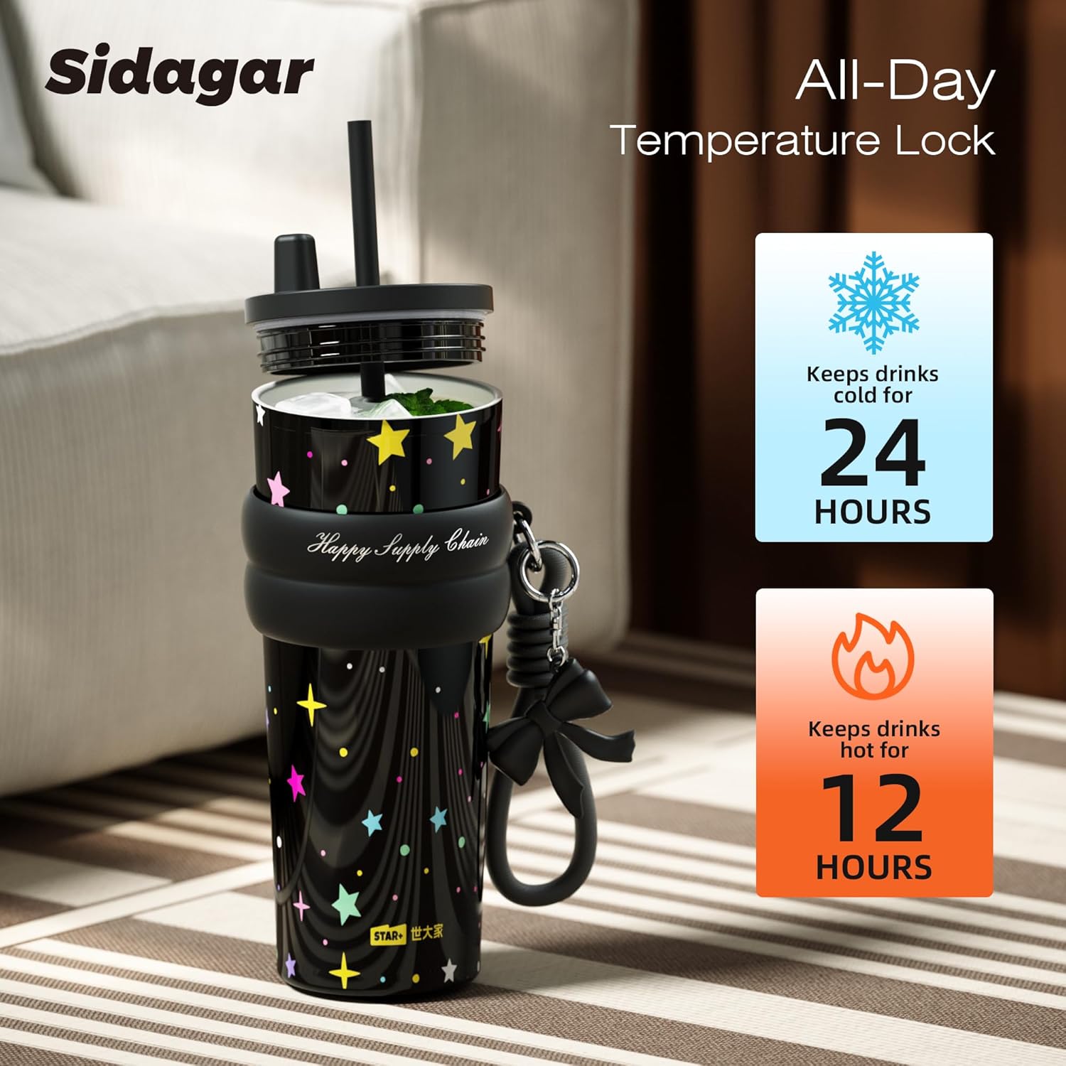 24 oz Stainless Steel Tumbler with Lid and Straw, Insulated Water Bottle Leak Proof for Hot and Cold, Portable Travel Coffee Mug, Reusable Coffee Cup for Women, Black Star - Image 5