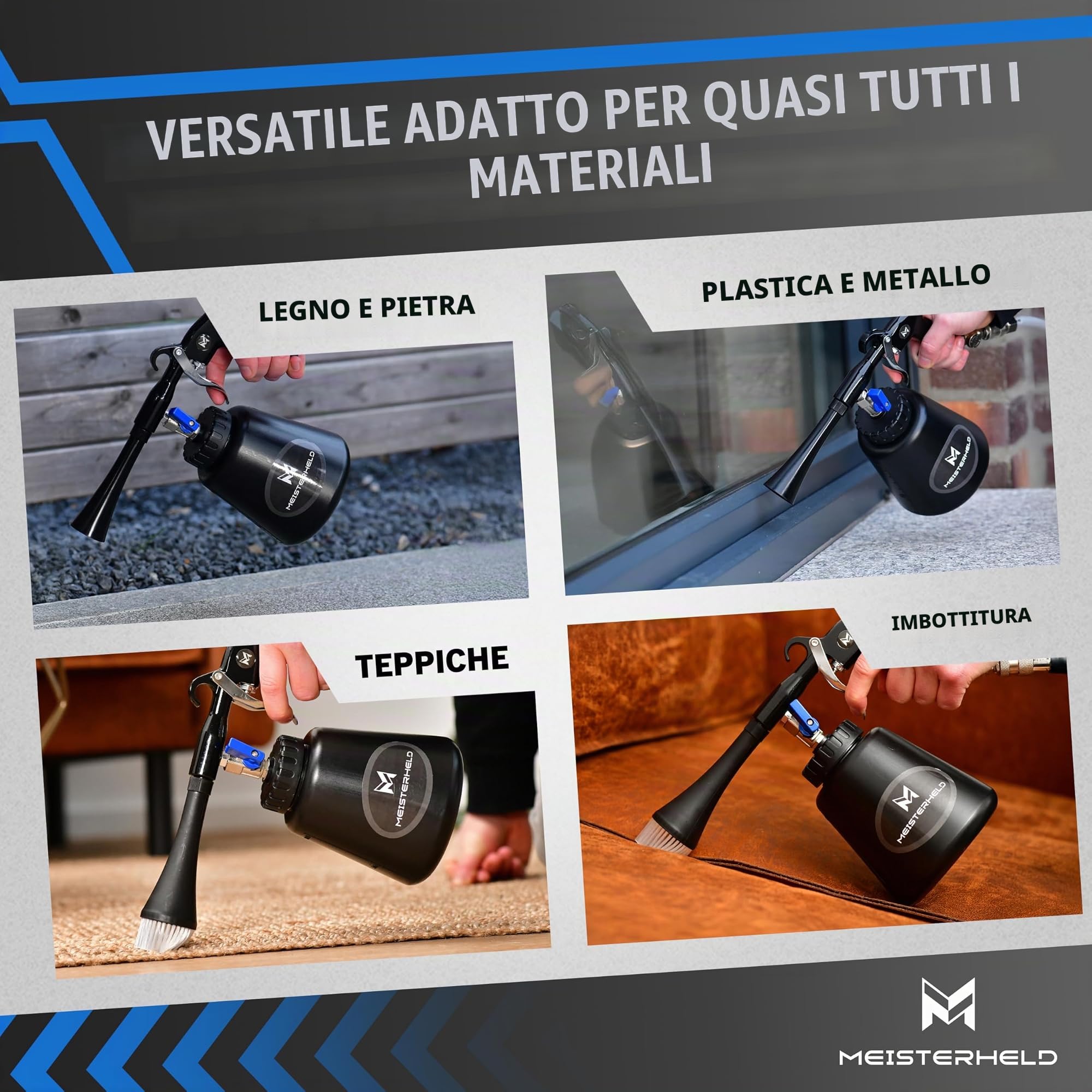 Pistola per pulizia ad aria compressa, pulitore preciso a secco e umido per auto, tappeti & Co – pistola ad aria compressa con serbatoio dell'acqua, spazzola e valvole dosatrici