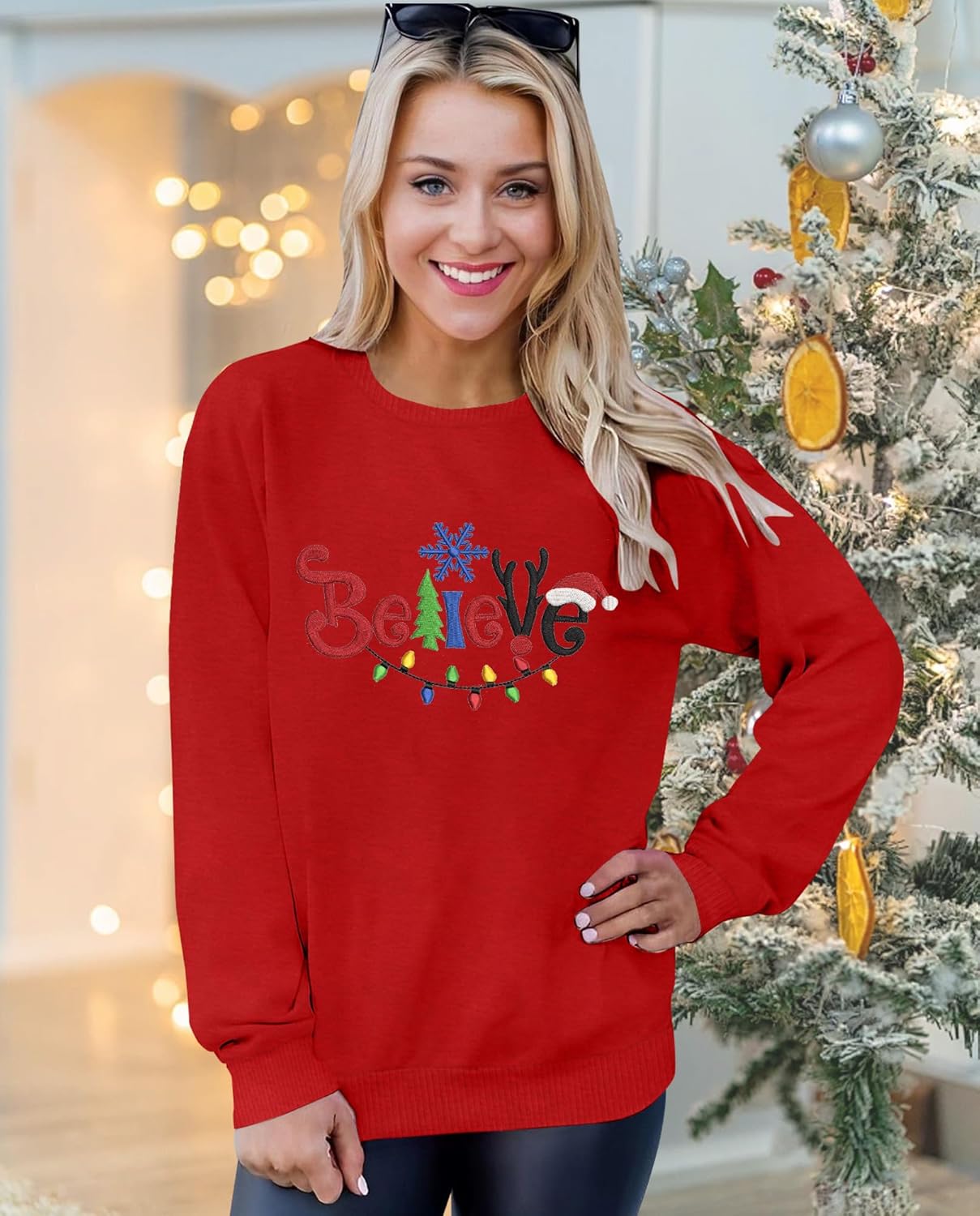 Christmas Believe Sweatshirt for Womens:Merry Christmas Sweater Xmas Embroidered Casual Pullover Long Sleeve Tops - Image 4