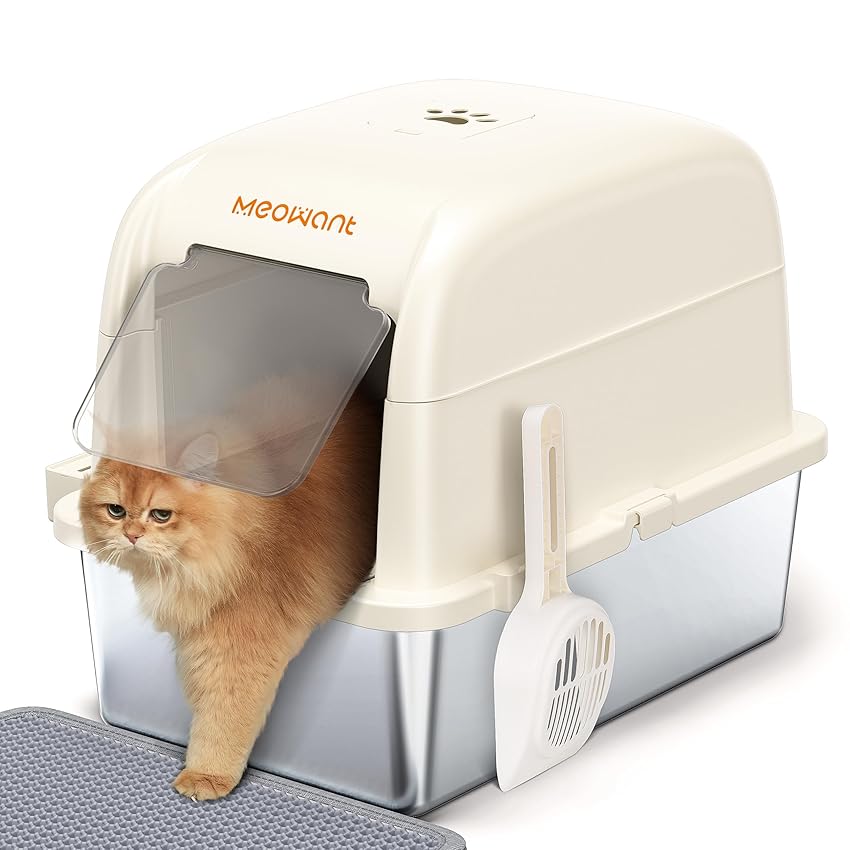 Meowant Lettiera Gatto in Acciaio Inox, Lettiere XXL, Nascosta Design Chiuso, Toilette Grande per Gatti di Grossa Taglia, Antiaderente, a Prova di Perdite, Staccabile e Facile da Pulire, Bianco