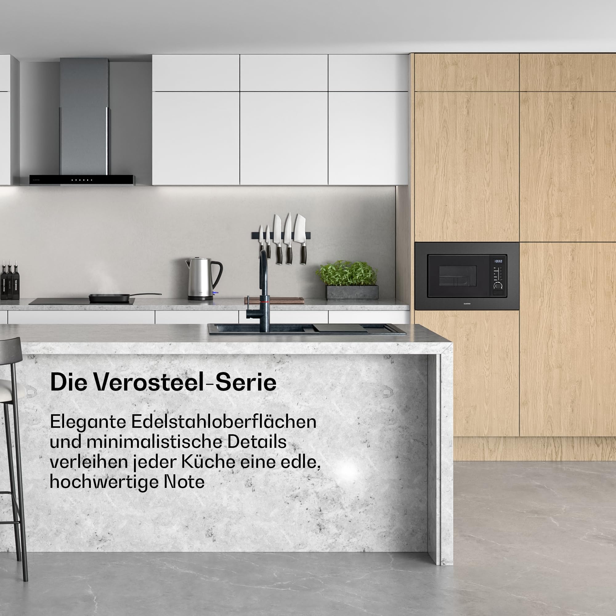 Klarstein Verosteel Einbaumikrowelle 60 cm mit Grill – 20L, 700W Mikrowelle & 800W Grill, 8 Programme, Touch-Bedienung, Edelstahl, Auftaufunktion, LED-Innenbeleuchtung, Schwarzer Edelstahl