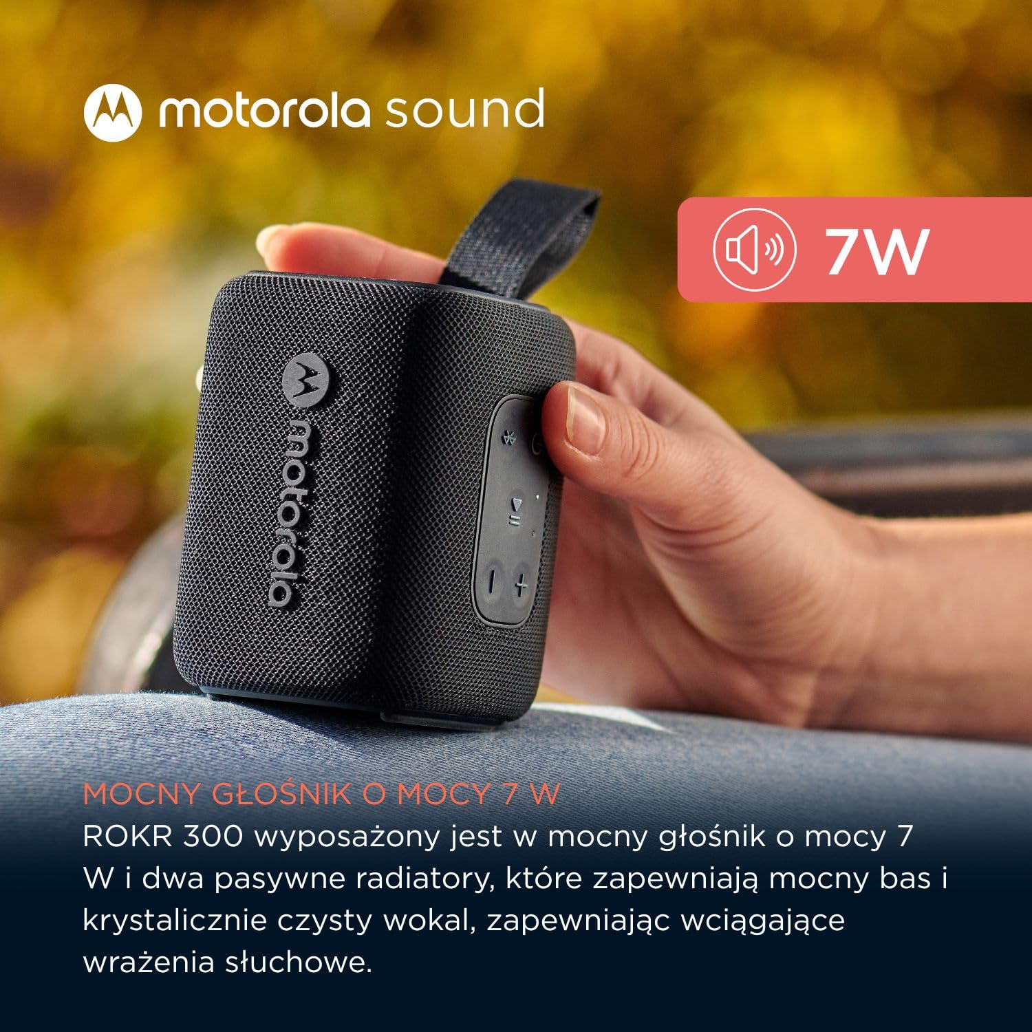 Motorola Sound - Głośnik Bluetooth 5.3 ROKR 300 – przenośny bezprzewodowy o mocy 7 W – kompaktowy, wodoodporny i pyłoszczelny IP67 – 12 godzin odtwarzania, czarny