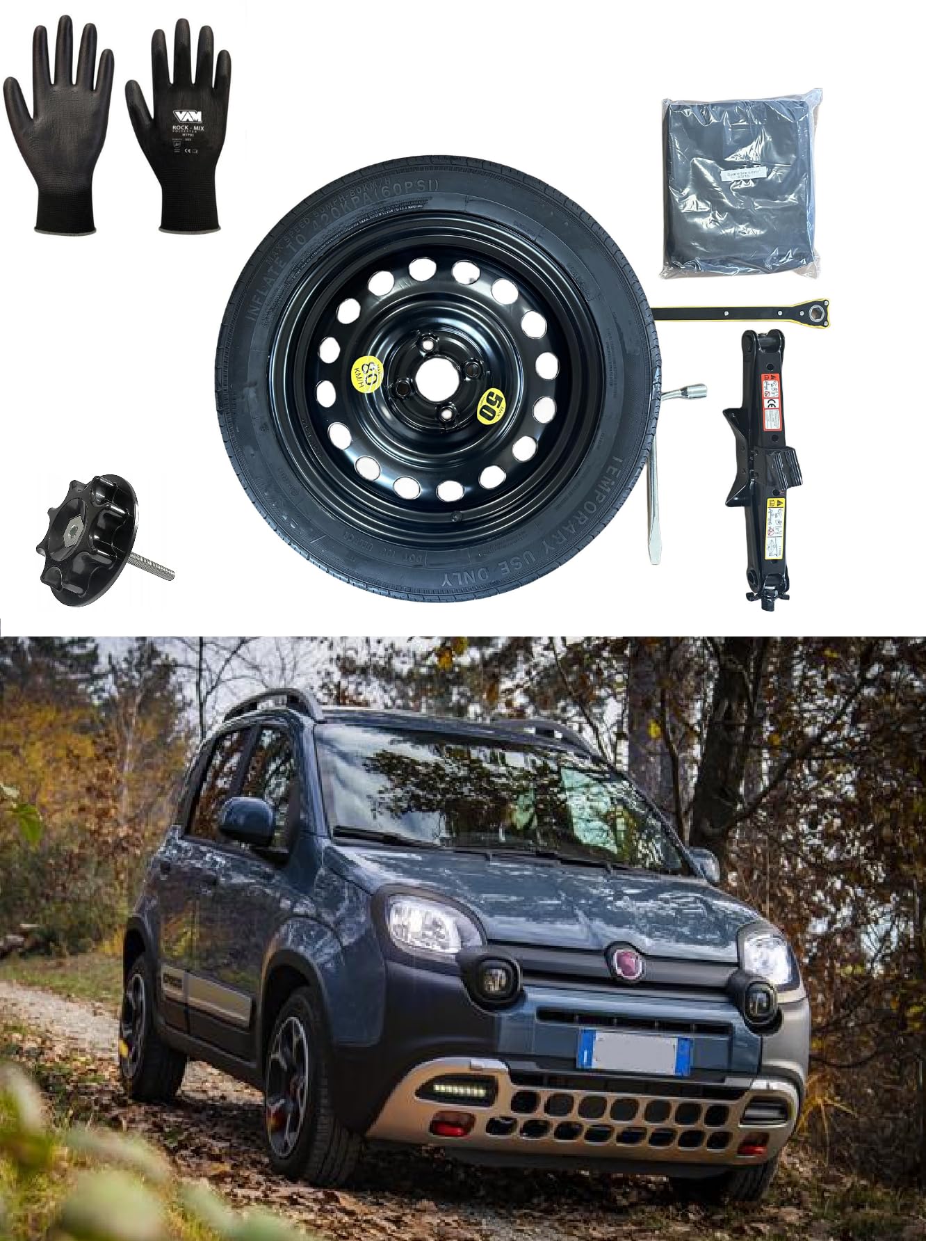 Kit Ruotino di Scorta 15" compatibile con Fiat Panda/Panda Cross con Cric, Chiave, Vite, Guanti e Sacca