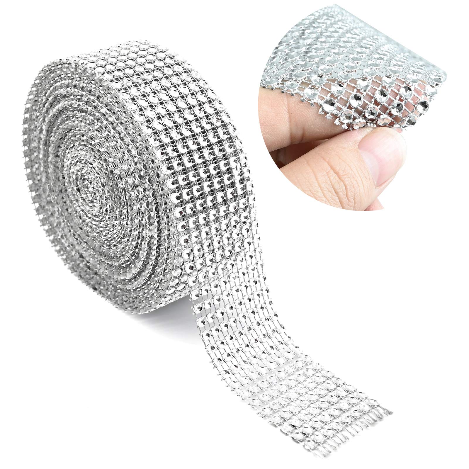 8 Row 10 Yard Acrylic Rhinestone Diamond Ribbon, Sparkling Diamond Mesh Ribbon for Wedding Cakes, Birthday Decorations, Party Supplies, Baby Shower Events, Arts and Crafts (Silver)