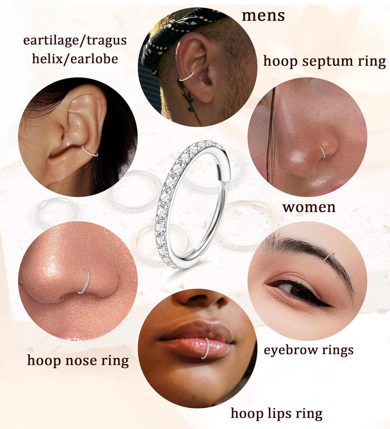 Titanium Nose Rings Hoops 20G Cartilage Hoop Earrings for Women Men CZ Hinged Segment Septum Lip Helix Septum Ring Nose Piercing Jewelry 6/8/10mm - Image 5