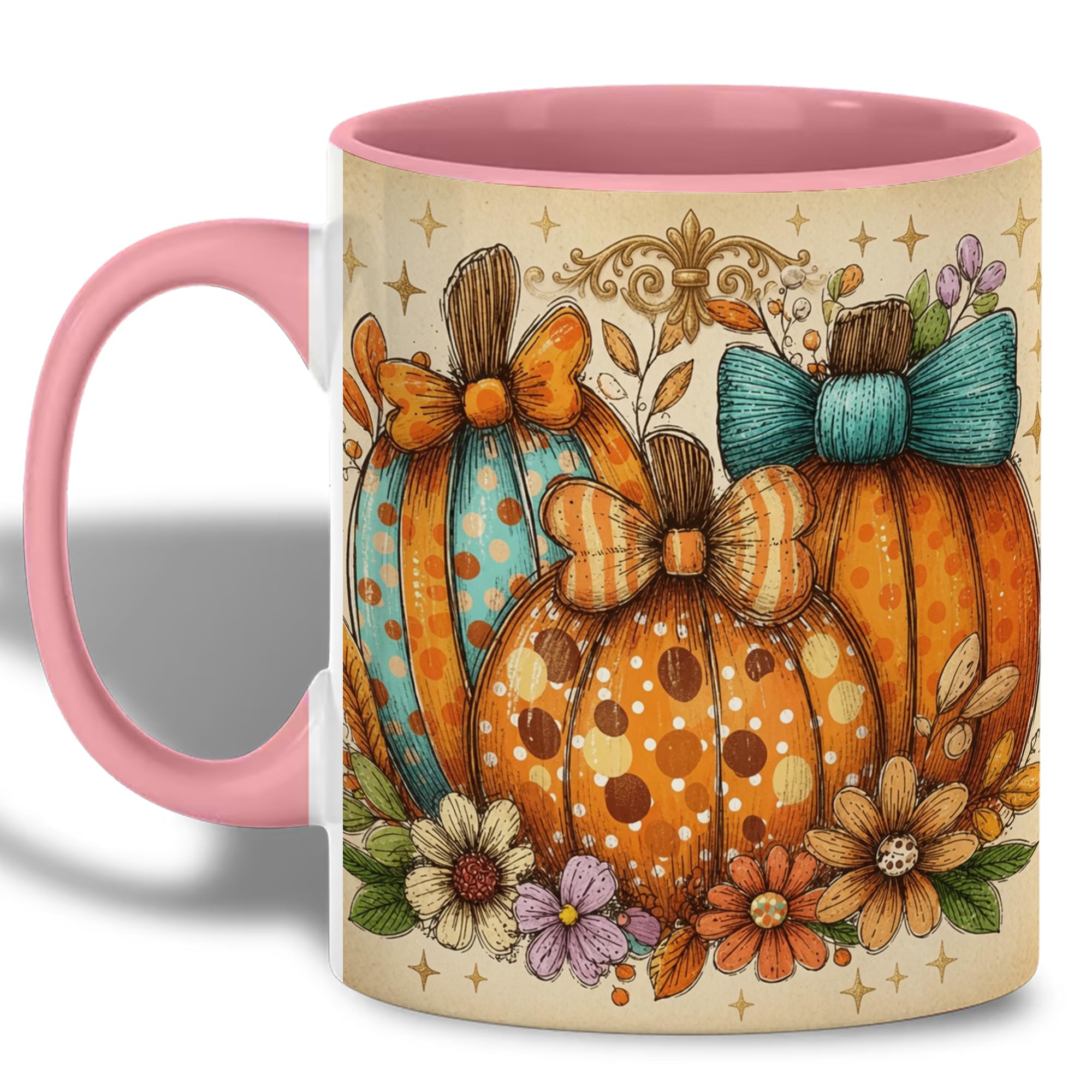 Distressed Colorful Pumpkin Ceramic Mug, Fall Coffee Mug with Teal Bow, Orange Bow, Polka…