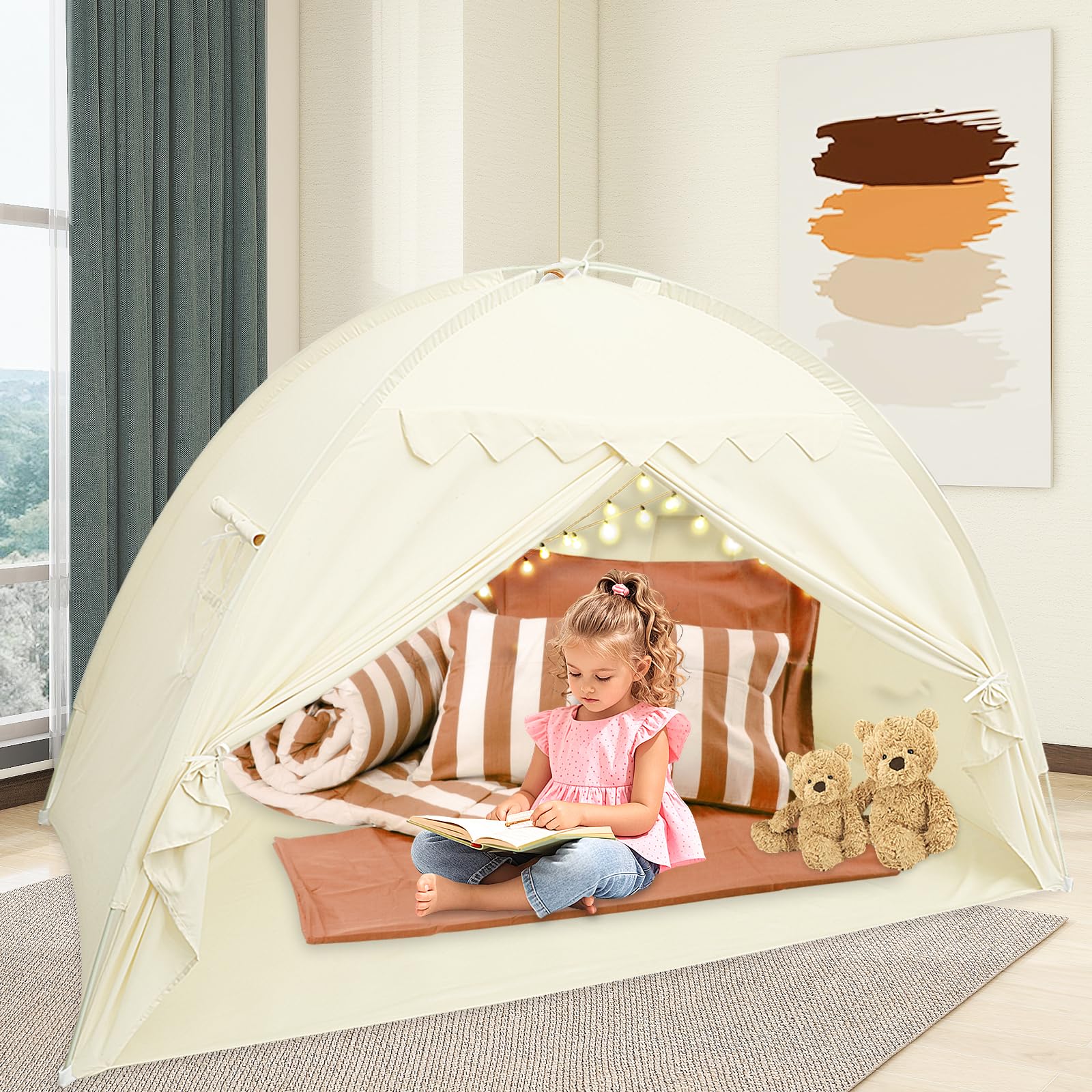 Nzwbshssp Beige Twin Size Bed Canopy Tents Dream Tent On Bed Privacy Space Blackout Sleeping Tents Indoor Breathable Portable Cottage Drafty Room Floor Bed Tents(Beige)