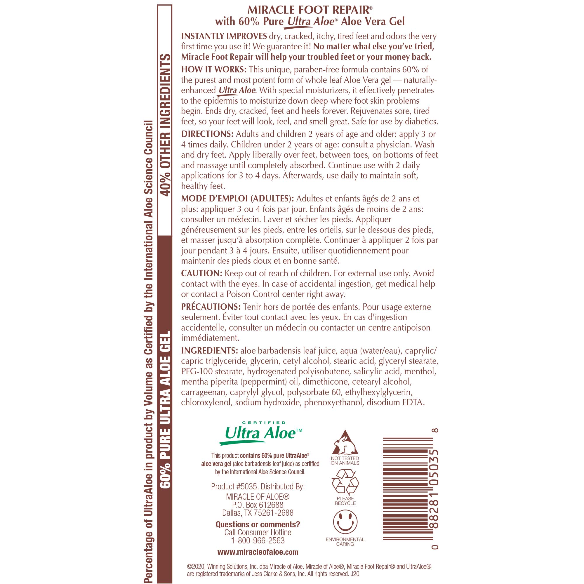 Miracle Foot Repair Cream 32 Ounce Bottle 60 Pure Aloe Vera Gel