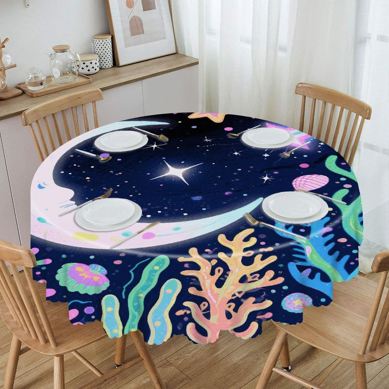 FekiLoot Star Ocean Pattern Round Tablecloths 60 Inch Resistant Washable Polyester Table Cloth Style Decorative Circle Fabric Table Cover for Dining Kitchen Party Farmhouse Outdoor