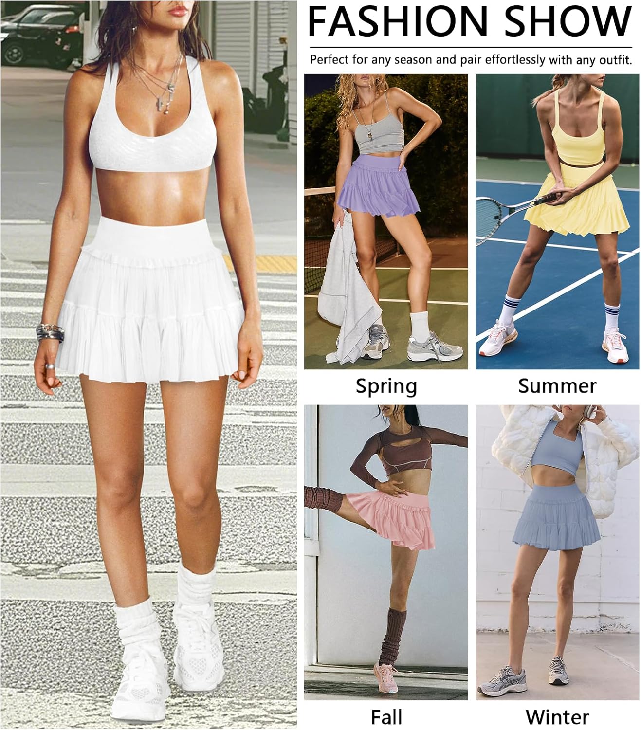 Women's Pleated Flowy Ruffle Tennis Skirt Skort for Women High Waisted Mini Athletic Golf Skirt with Shorts Pocket - Image 5