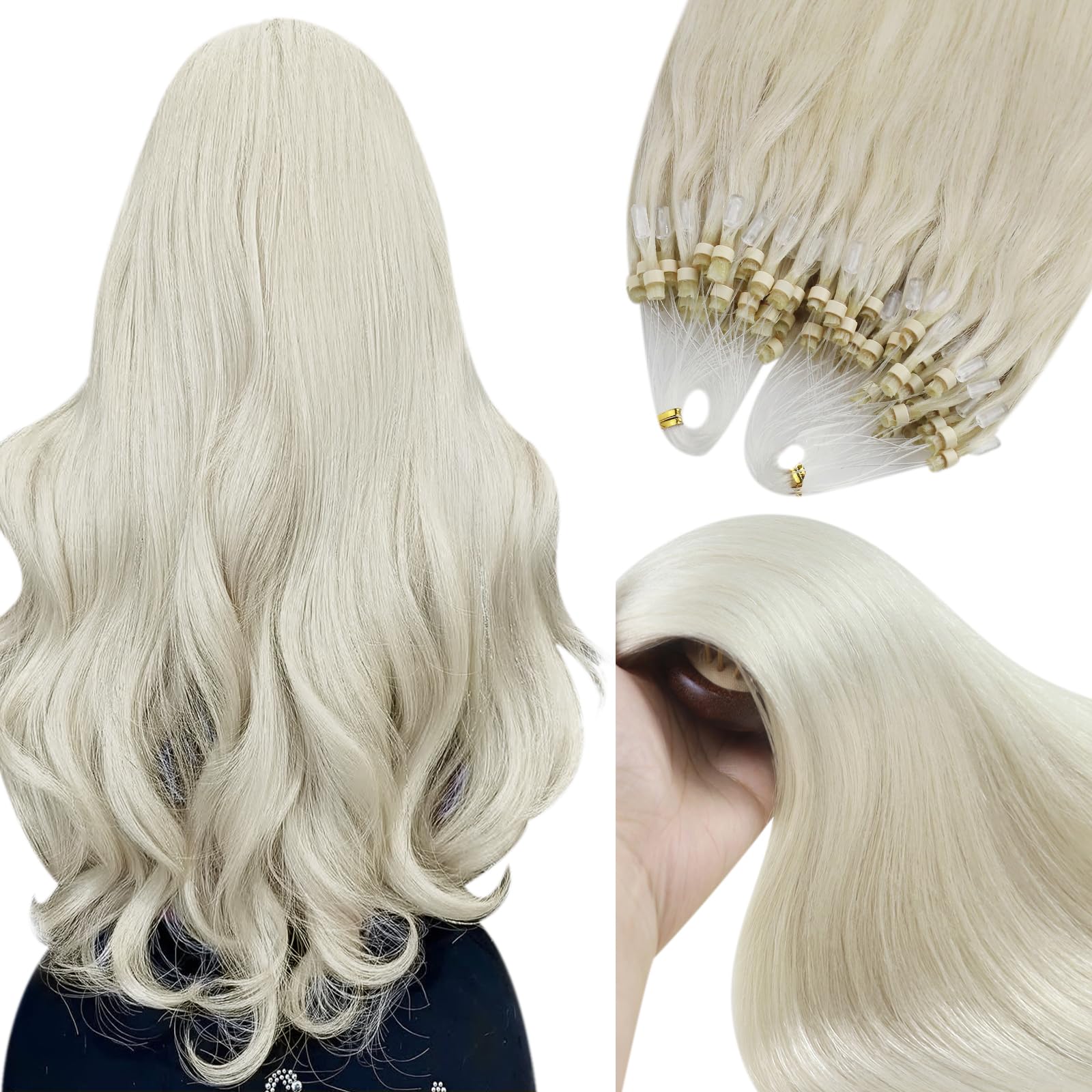 YoungSee Nano Beads Hair Extensions Blonde 14inch Nano Hair Extensions Warm Ash Blonde Highlights Bleach Blonde Nano Ring Hair Extension Highlight for Women Cold Fusion 50g Short Straight 50s — view 29