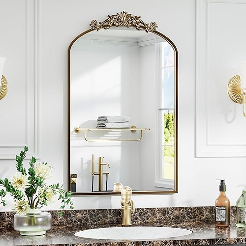 Espejo de pared arqueado antiguo, espejo de baño dorado vintage de 24 x 36 pulgadas, espejo de latón con marco de metal barroco para sala de estar,