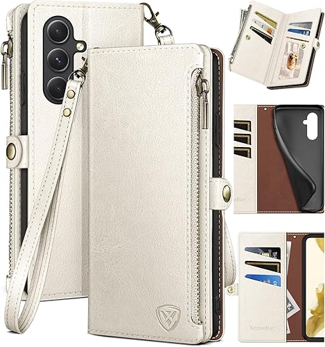 XcaseBar Funda tipo cartera para Samsung Galaxy A54 5G con cremallera y tarjetero de crédito bloqueo RFID, funda de piel sintética con tapa para