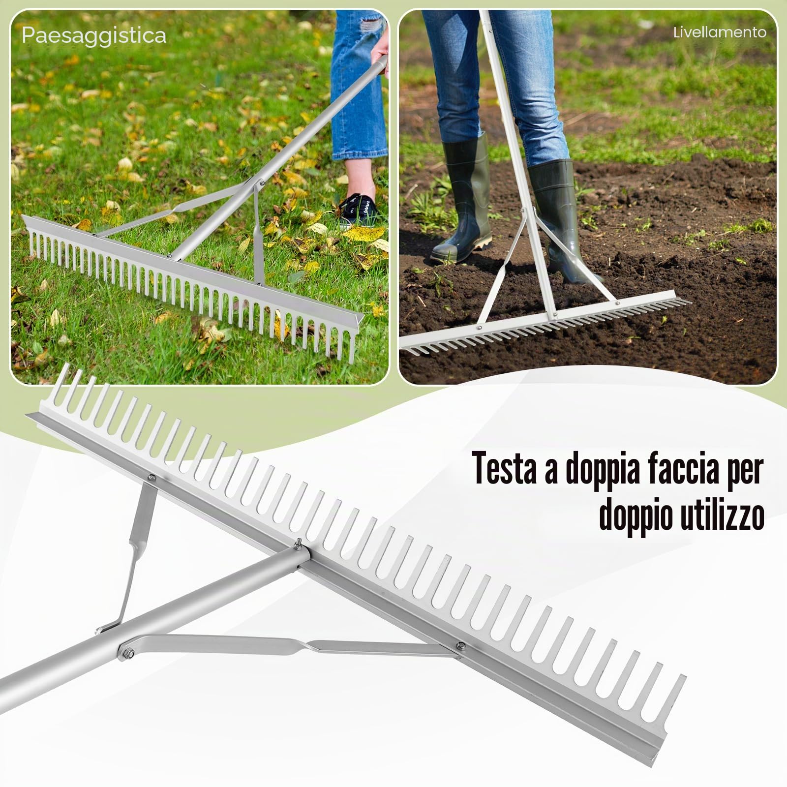 SOARS Rastrello da Giardino in Alluminio con Manico Lungo 174 cm, Rastrello da Prato Largo 91 cm con 36 Denti Rigido per Paesaggio, Ideale per Foglie, Erbacce, Terreno e Detriti (Stile B)