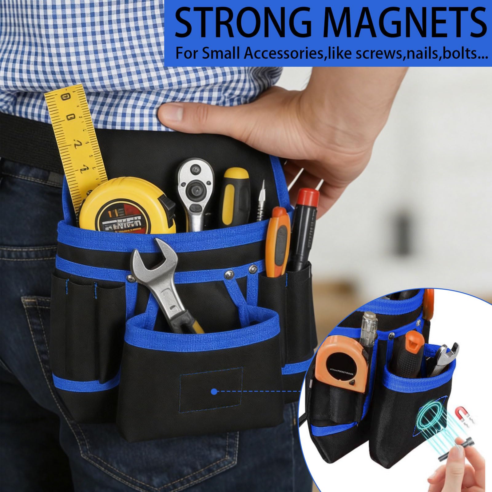 Ceinture à outils pour homme avec 26 poches, sac à outils magnétique amovible, ceinture réglable avec porte-marteau pour électriciens, menuisiers et ouvriers du bâtiment
