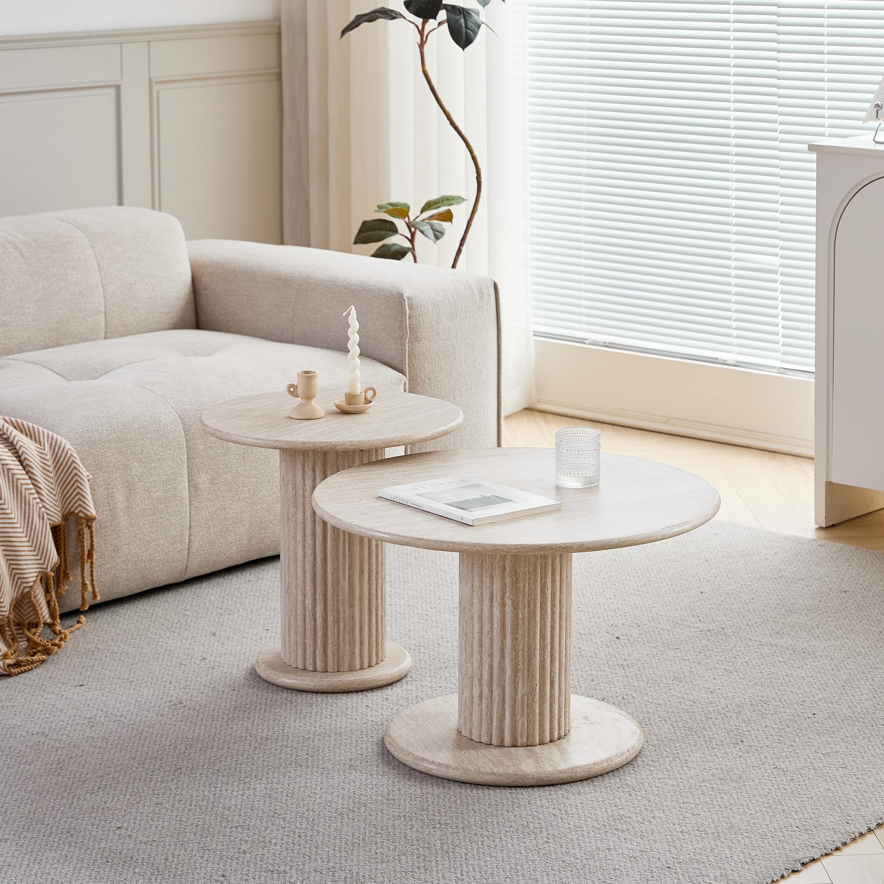 Stücke Beistelltisch 2er Set,Couchtisch rund Set,Couchtisch Moderner, Gelbem Travertin,Kaffeetisch mit römischer Säulenbasis für Wohnzimmer, Balkon, Schlafzimmer