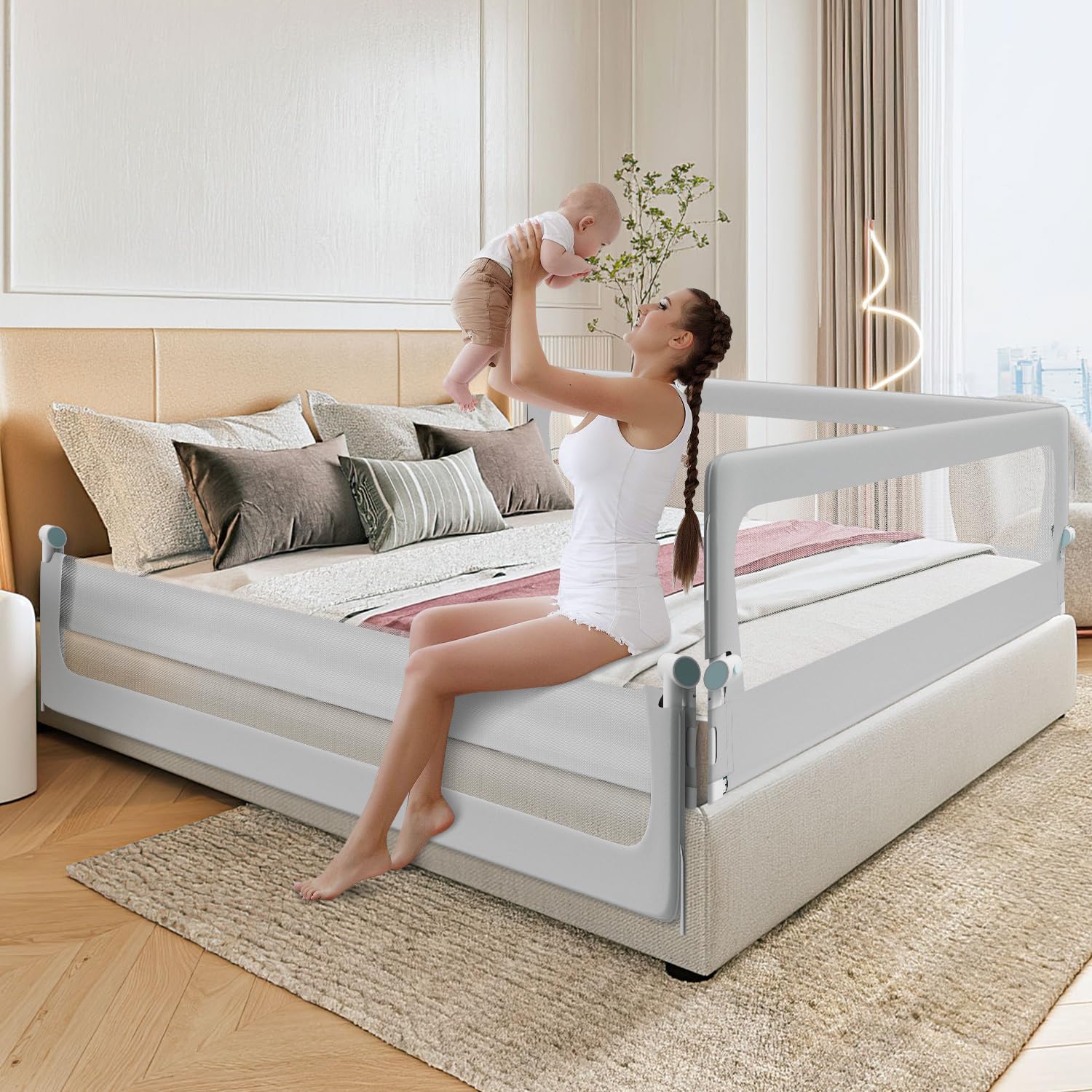 Bettschutzgitter 200×68 cm Rausfallschutz Bett – extra breites halb klappbares Bettgitter für Baby & Kleinkind, höhenverstellbar 72–86 cm, Stabiler Trapezfuß, 300G Oxford-Stoff, Grau