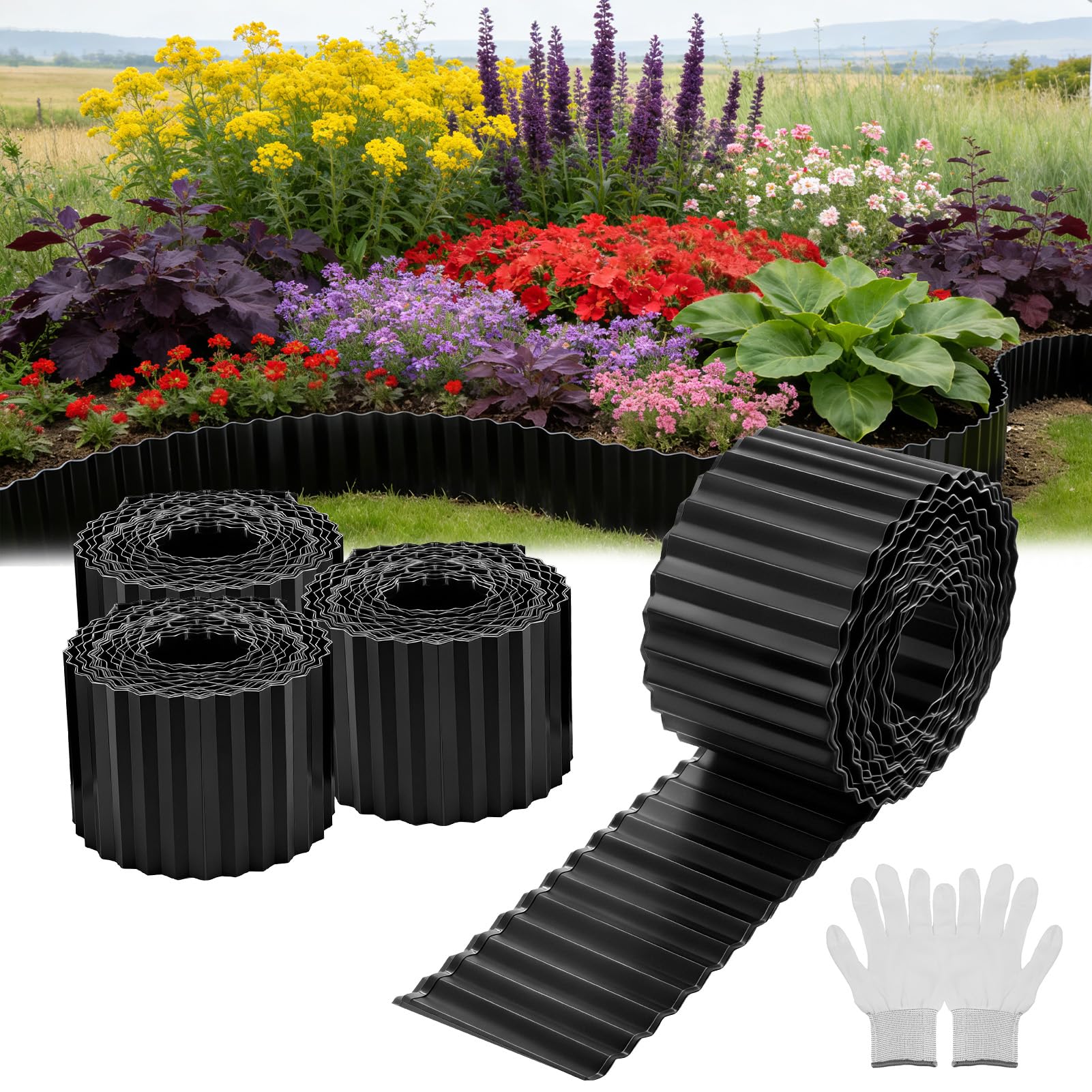 4 Professional Galvanised Steel Lawn Edging 10m x 15cm, Corrugated Metal Garden & Flower Bed Border,Rust-Proof, Durable Mowing Strip for Modern Landscaping Black