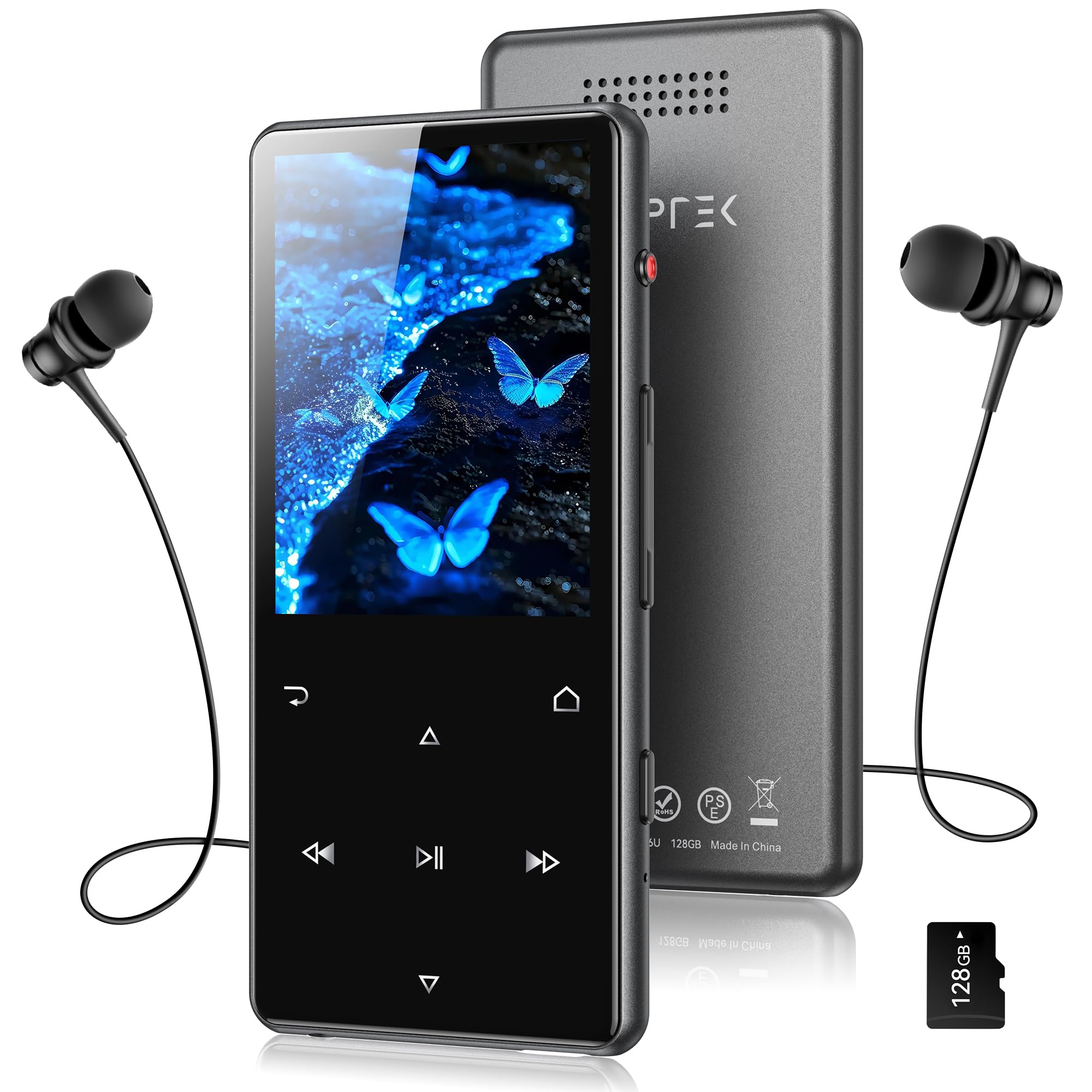 AGPTEK 128GB MP3 Player with Bluetooth 5.4, M6 2.4 inch Music Player with One-Click Recording, Built in Speaker and FM Radio, Touch Buttons(Black) Black 128GB
