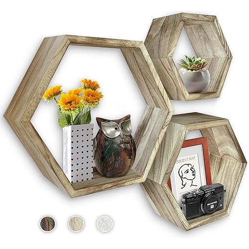 MRGL Hexagon Floating Shelves Set of 3, Honeycomb Shelves, Wall Mounted Geometric Hexagon Shelves, Natural Wood, Includes All Hanging Hardware, Log Color