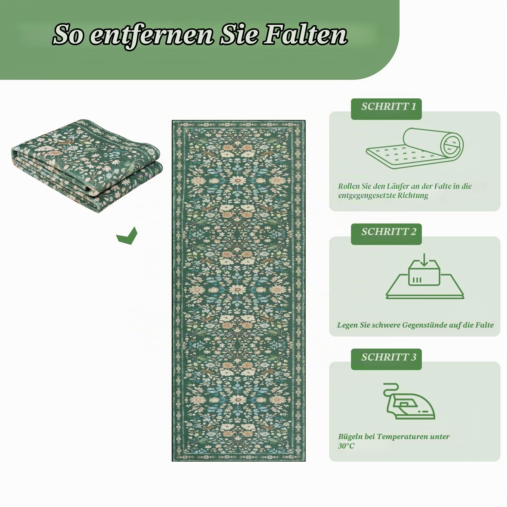 Homcomodar Blumen Teppich Läufer Flur rutschfest 80x300cm Läufer Küche Vintage Boho Teppiche Waschbar Küchenläufer Küchenteppich Grün Teppichläufer für Flur Küchen Eingang Wohnzimmer Schlafzimmer