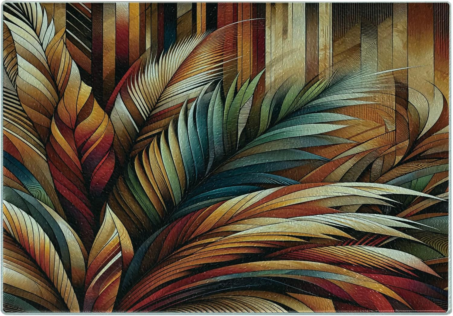 Ambesonne Aesthetic Cutting Board, Boho Concept in Bold Exotic Leaves in Warm Tones on Rustic Back, Decorative Tempered Glass Cutting and Serving Board, Small Size, Burnt Orange Teal and Blue
