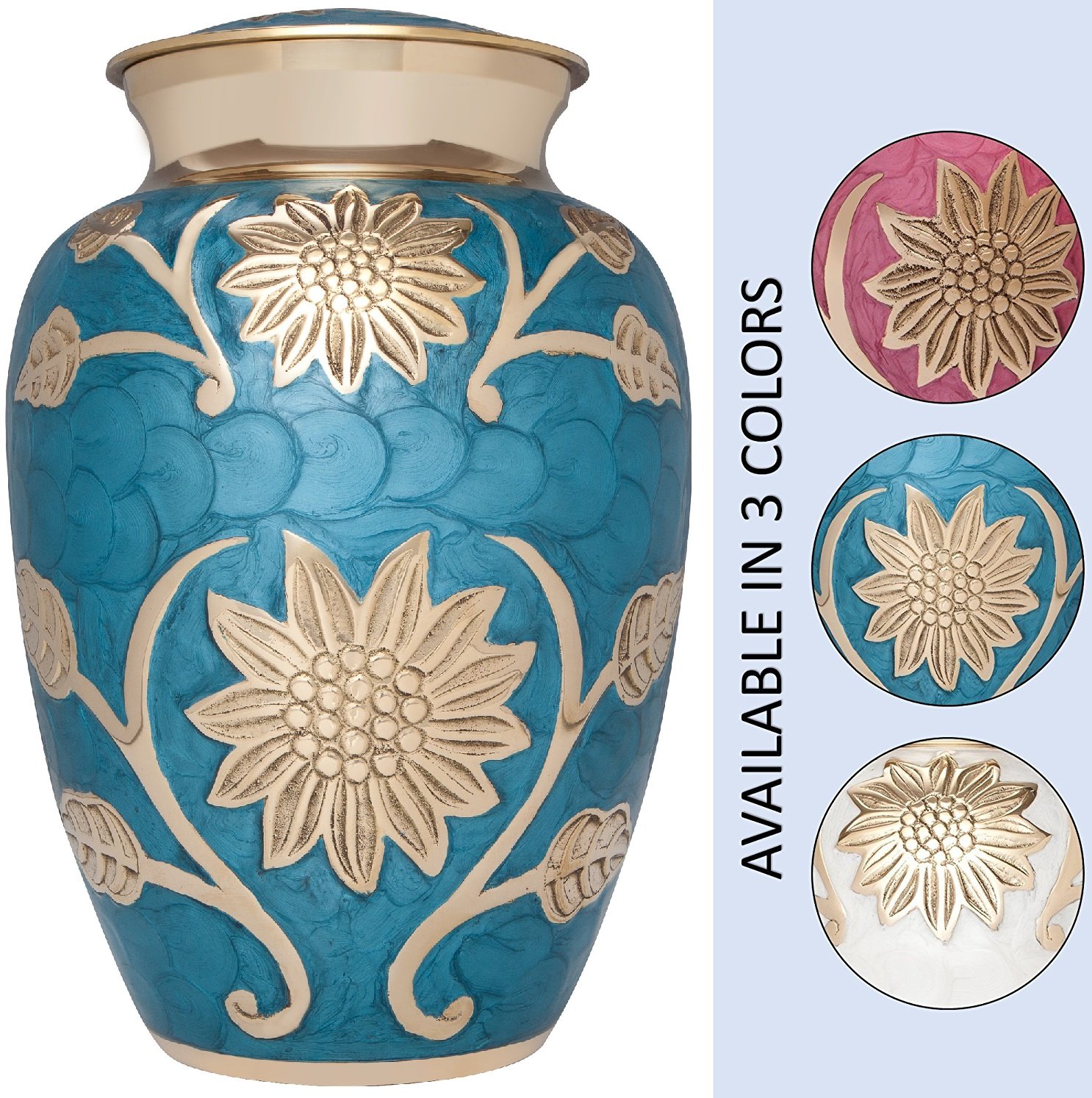 Blue and Gold Flower Funeral Urn by Liliane Memorials - Cremation Urn for Human Ashes - Brass- Suitable for Cemetery Burial or Niche- Large Size for Adults up to 200 lbs - Rose Lisette