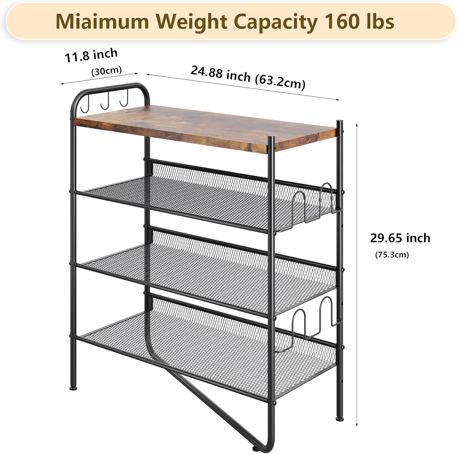 4 Tier Shoe Rack for Entryway, Metal Shoe Rack Organizer Holds 15 Pairs Shoes, Front Door Shoe Storage with Rustic Brown Wooden Top, Vertical shoe rack for Space Saving Shoe Organizer (4-Tiers)