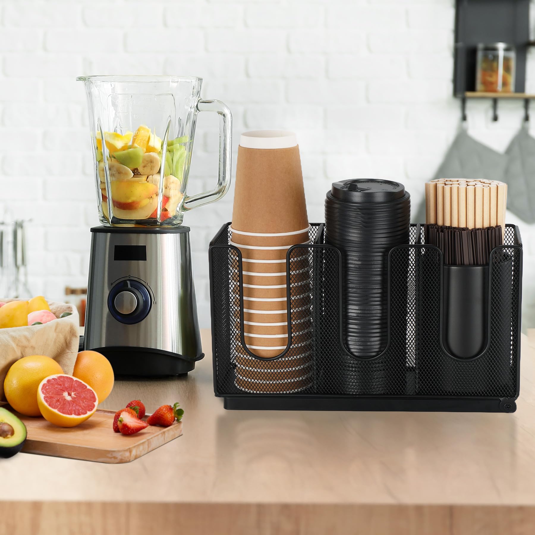 Porta tazze di carta e coperchio, porta tazze da caffè usa e getta con organizer per cannucce, dispenser per tazze da caffè in metallo, per piano di lavoro, caffetteria, bar, ristorante,