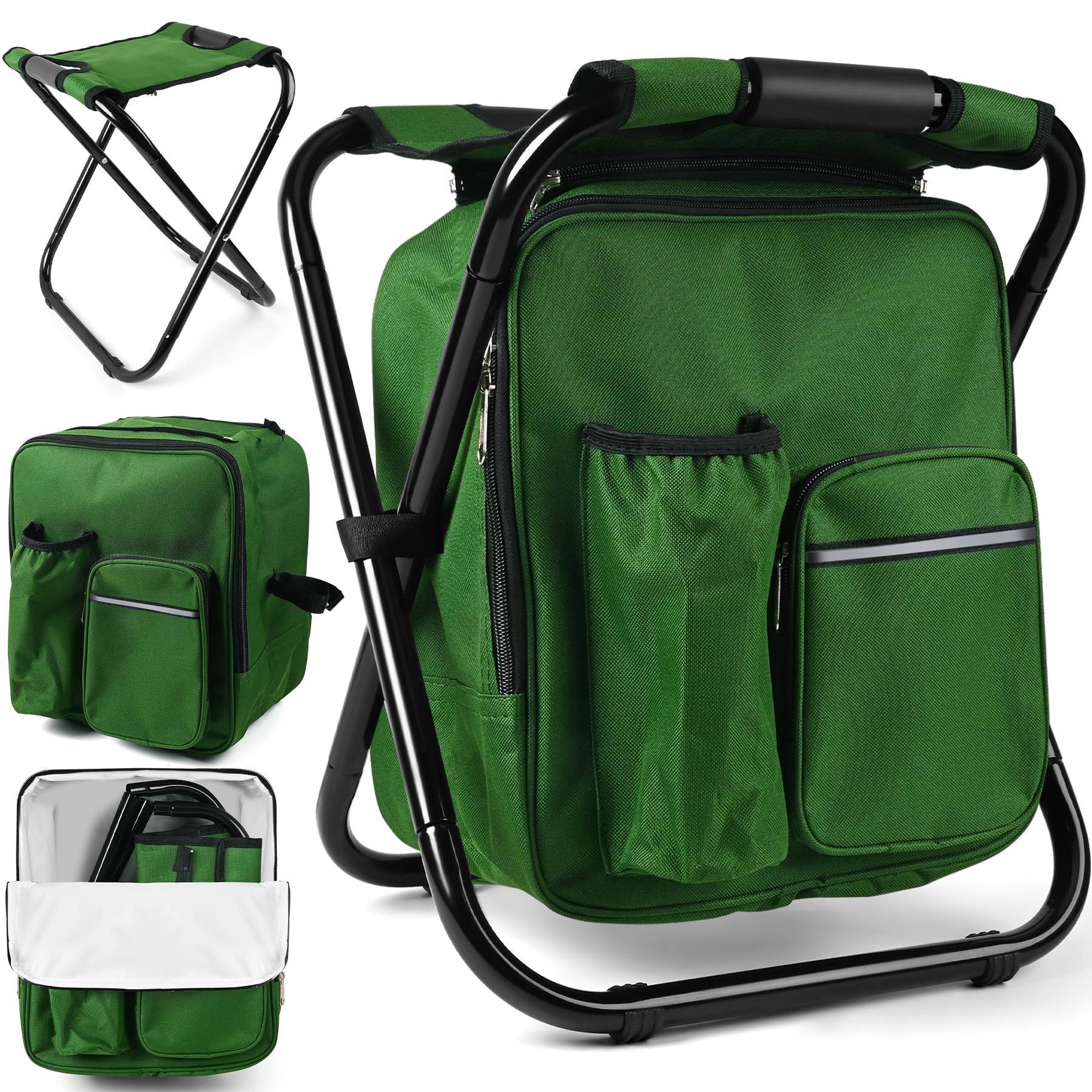 Kikerike Portable Stool Backpack Cooler Chair 200 LBS Max Load Folding Fishing Cooler Backpack Stool for Outdoors Hiking Beach Travel - Army Green