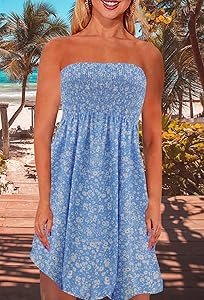 Zyyfly Tube Top Dress Women Summer Beach Coverup Stretch Smocked Strapless Dress