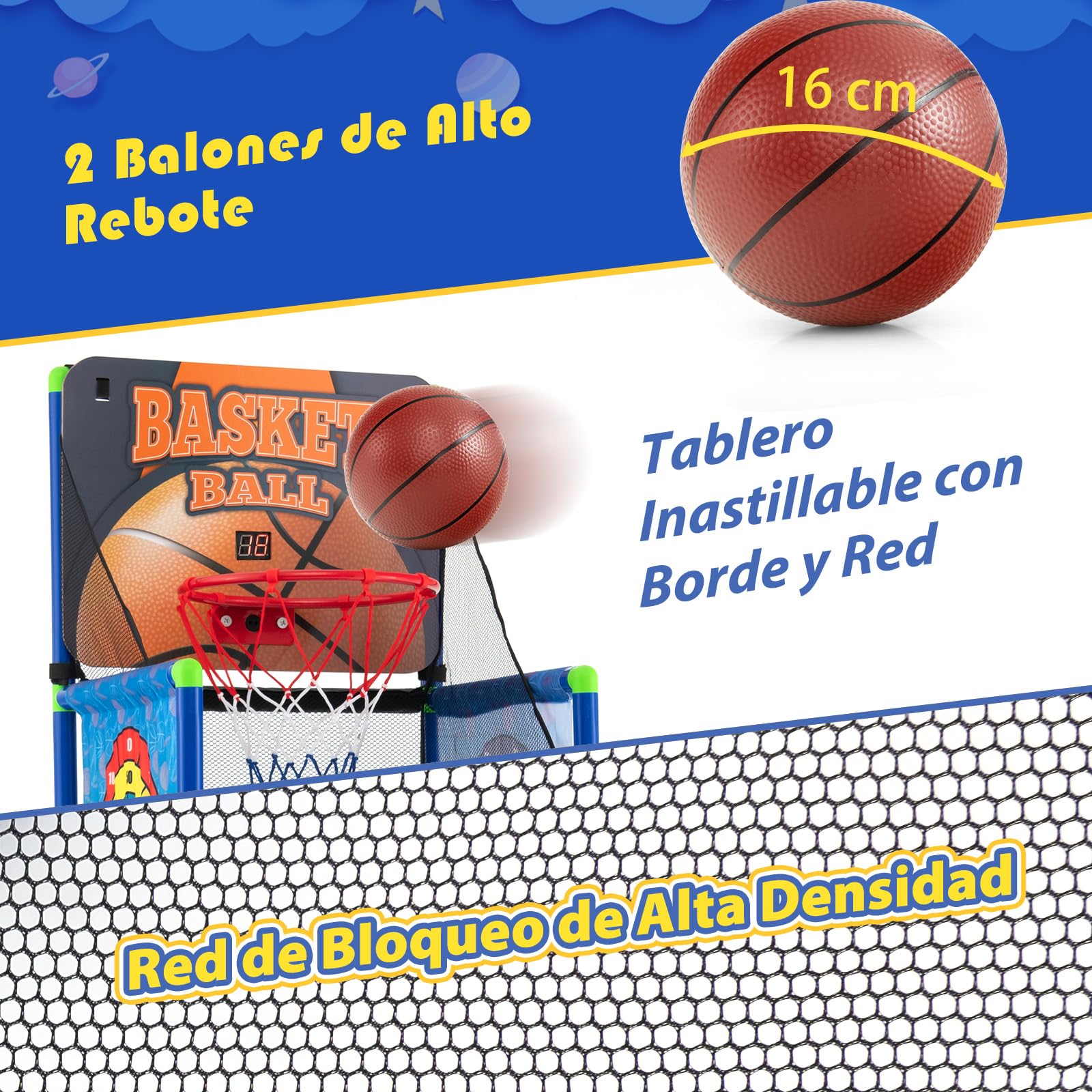 COSTWAY Canasta Baloncesto Infantil, Juego 2 en 1 de Baloncesto y de Pelotas Adhesivas, Marcador Electrónico, Sonido, Juego Deportivo de Arcade para Niños de 3+ Años