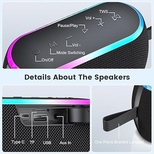Miniatura 8 de Altavoz Bluetooth, inalámbrico portátil de 40 W con graves estéreo, Bluetooth 5.3, altavoces de ducha impermeables IPX6, luces LED, emparejamiento